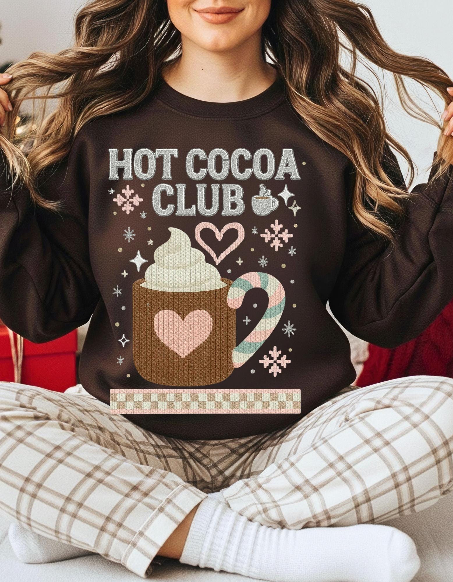 Hot Cocoa Club Y2K Retro Christmas Crewneck Sweatshirt Holiday Winter Pullover Gift