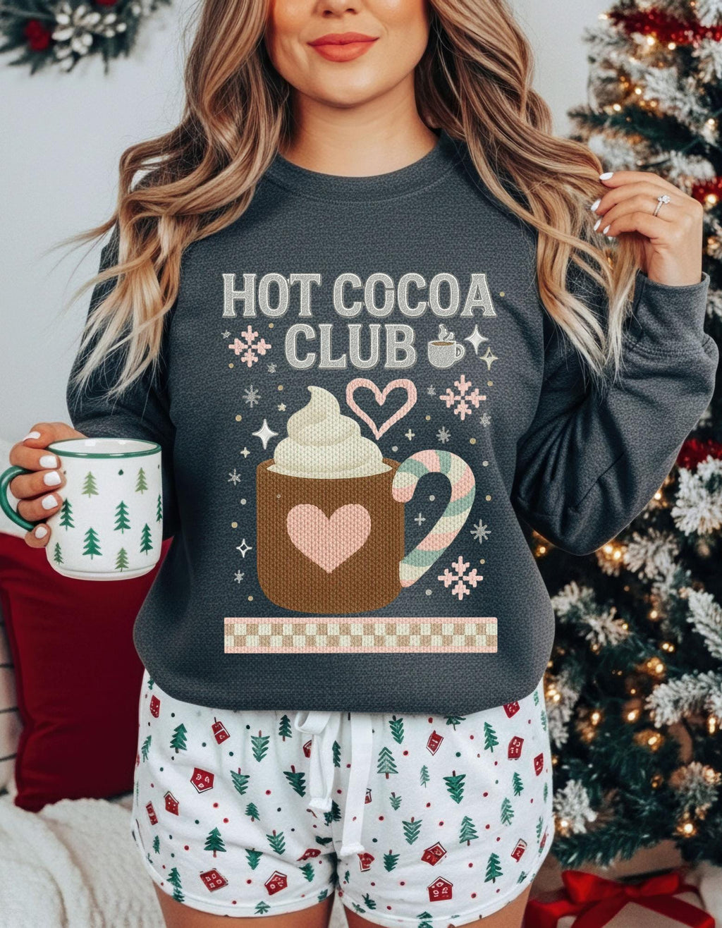 Hot Cocoa Club Y2K Retro Christmas Crewneck Sweatshirt Holiday Winter Pullover Gift