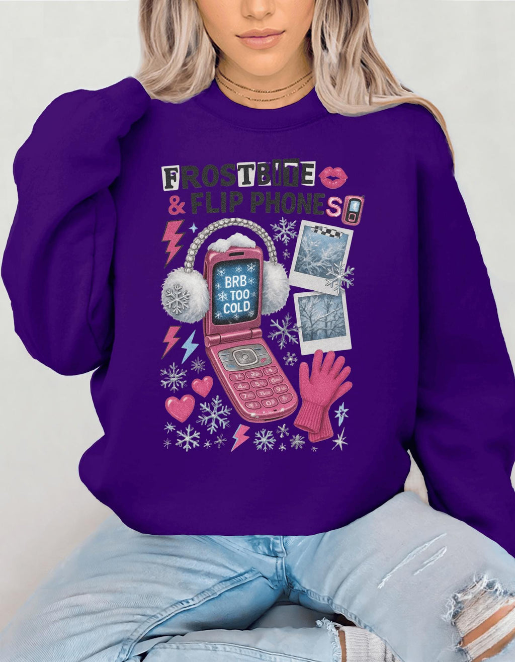 90s Retro Crewneck Sweatshirt, Flip Phones Winter Design