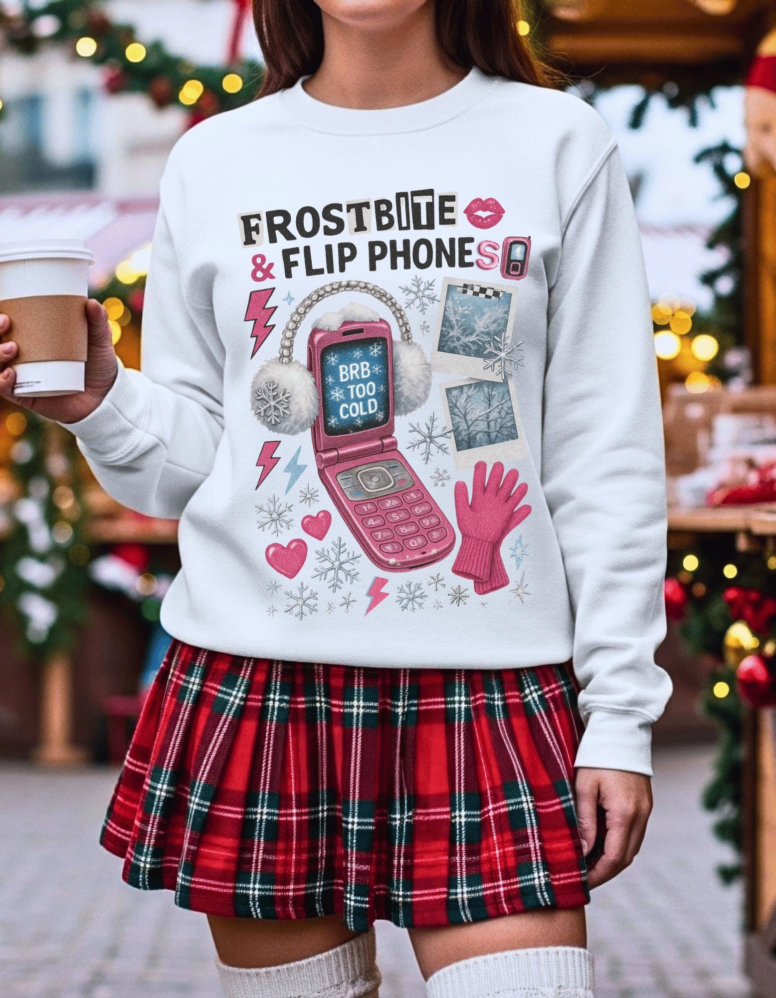 90s Retro Crewneck Sweatshirt, Flip Phones Winter Design