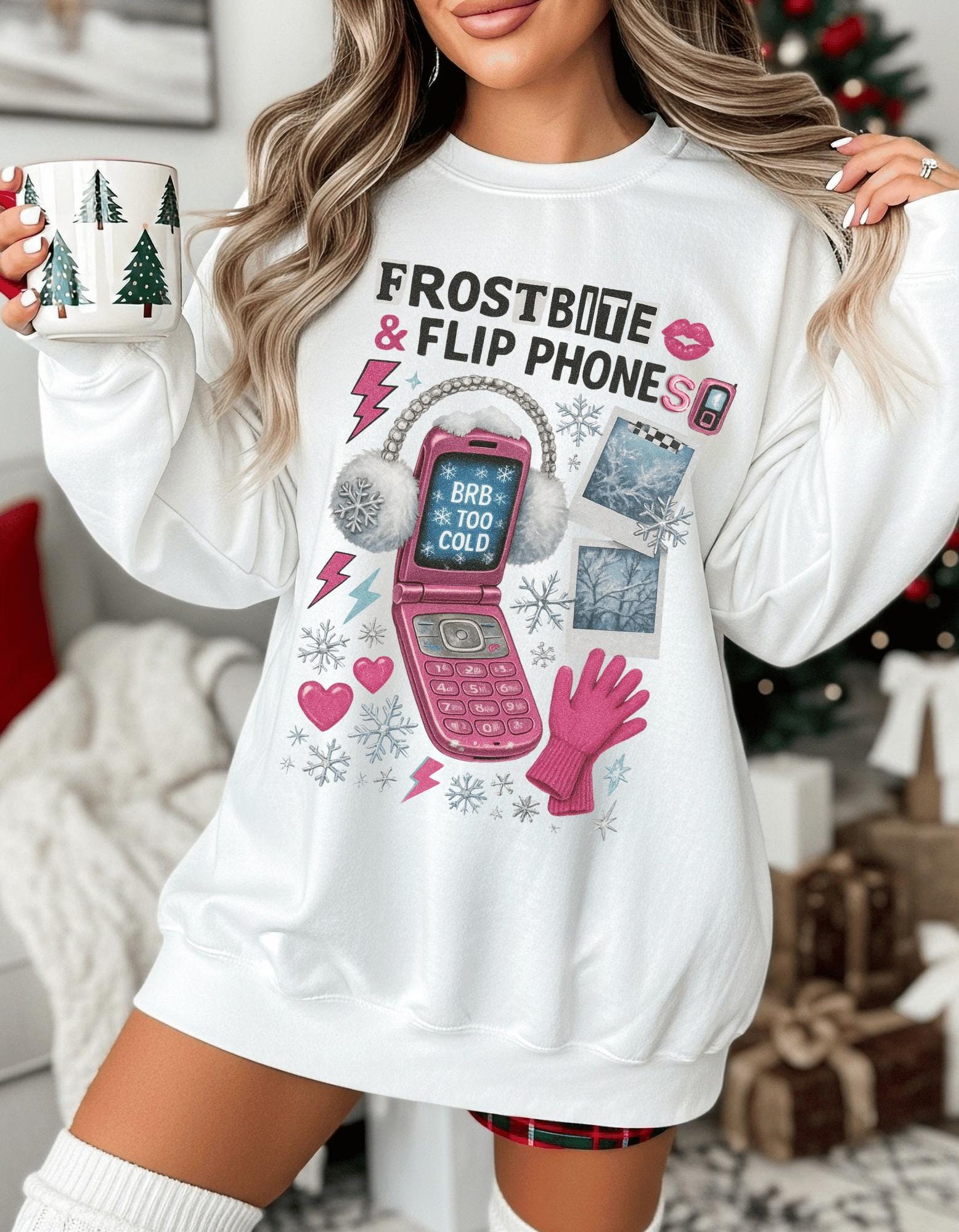 90s Retro Crewneck Sweatshirt, Flip Phones Winter Design