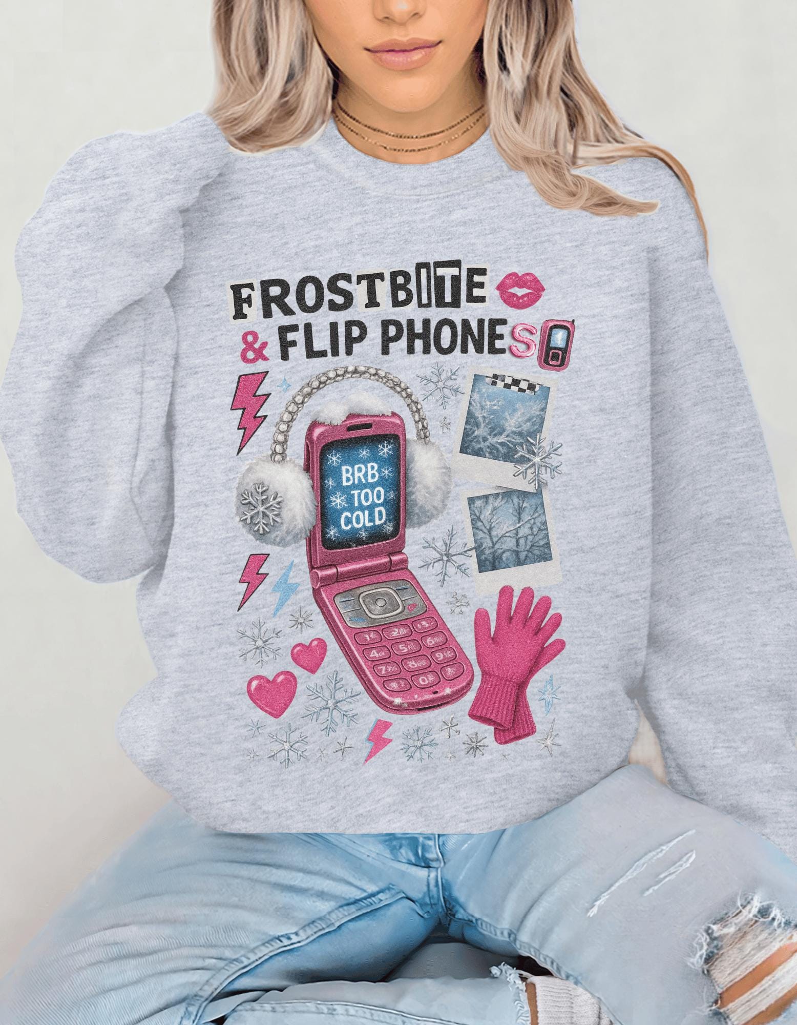 90s Retro Crewneck Sweatshirt, Flip Phones Winter Design