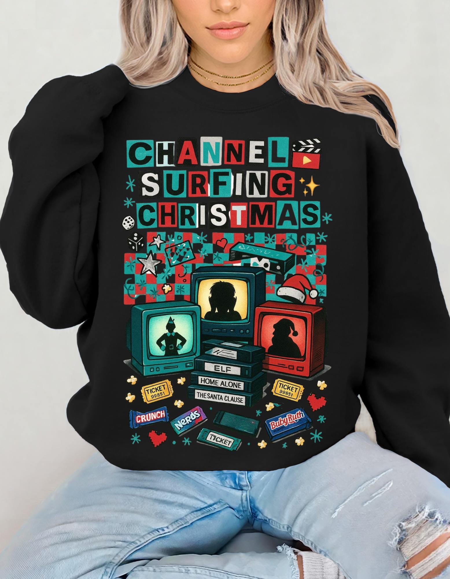 90s Channel Surfing Christmas Sweatshirt, Retro Holiday Crewneck