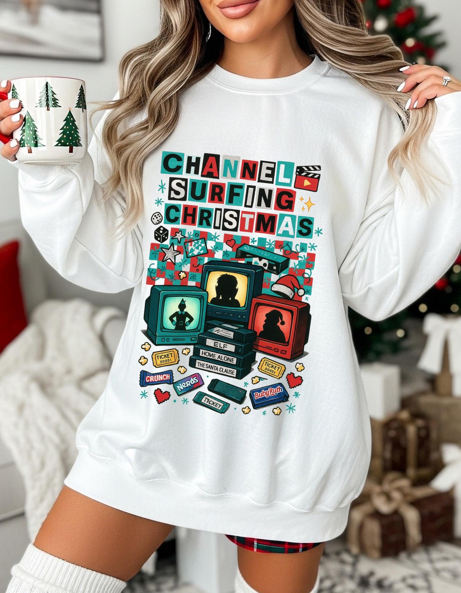 90s Channel Surfing Christmas Sweatshirt, Retro Holiday Crewneck