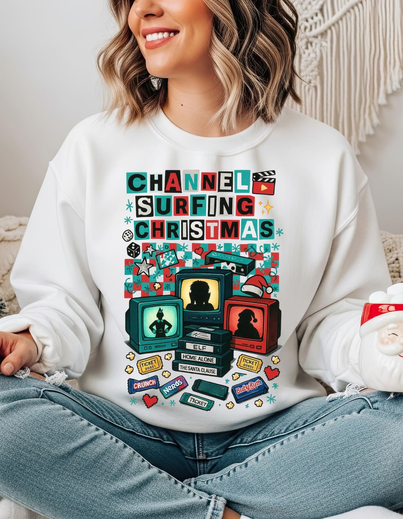 90s Channel Surfing Christmas Sweatshirt, Retro Holiday Crewneck
