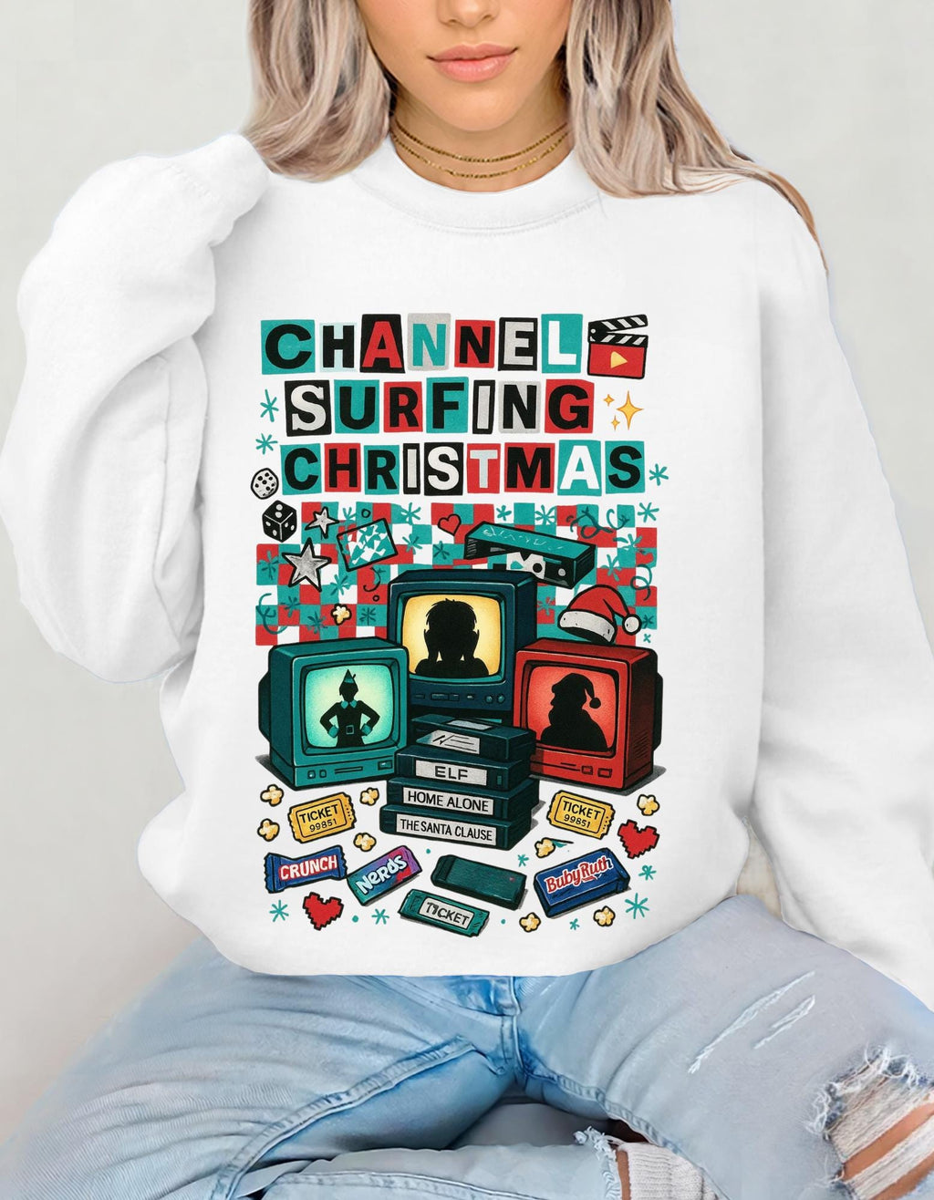 90s Channel Surfing Christmas Sweatshirt, Retro Holiday Crewneck