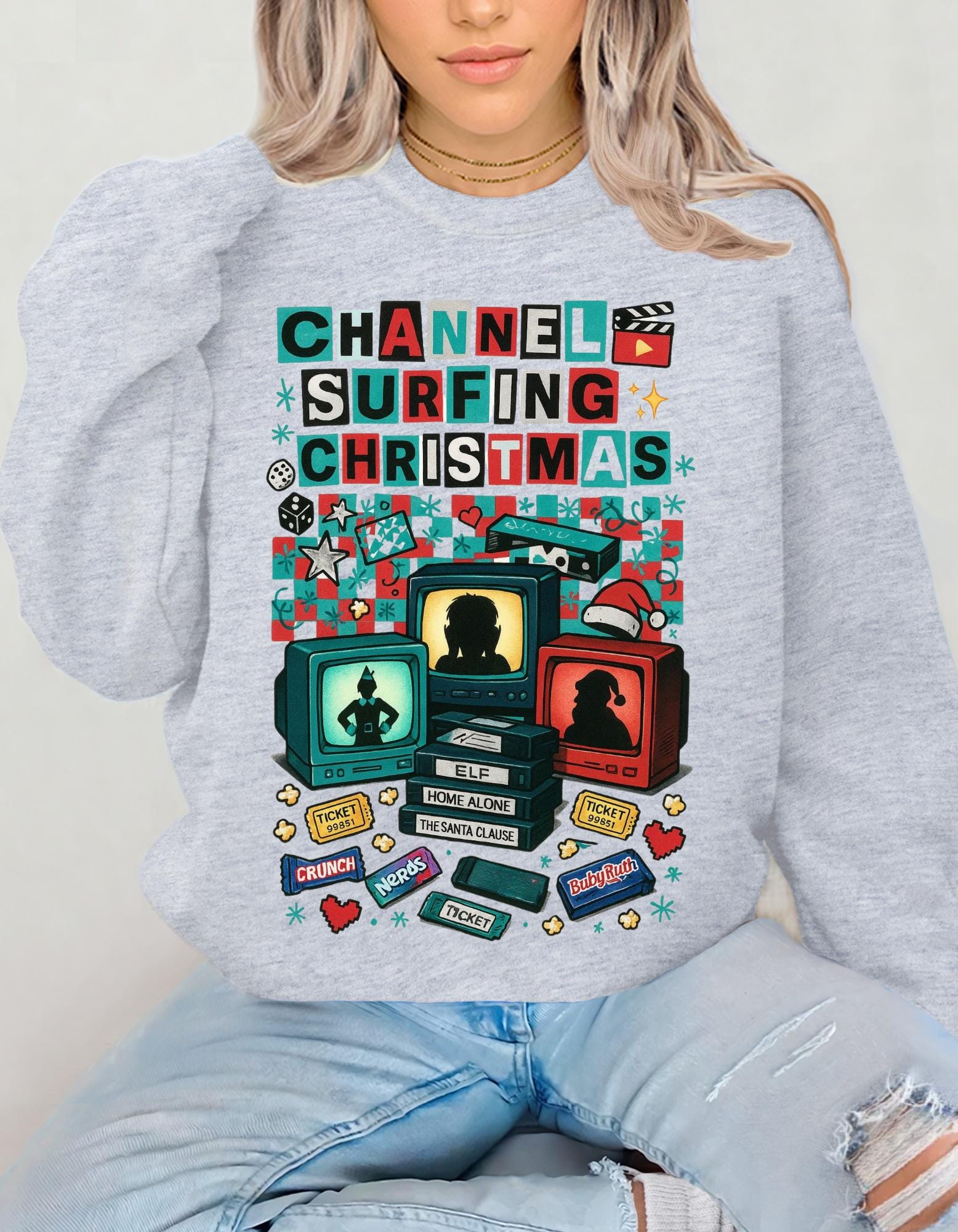 90s Channel Surfing Christmas Sweatshirt, Retro Holiday Crewneck