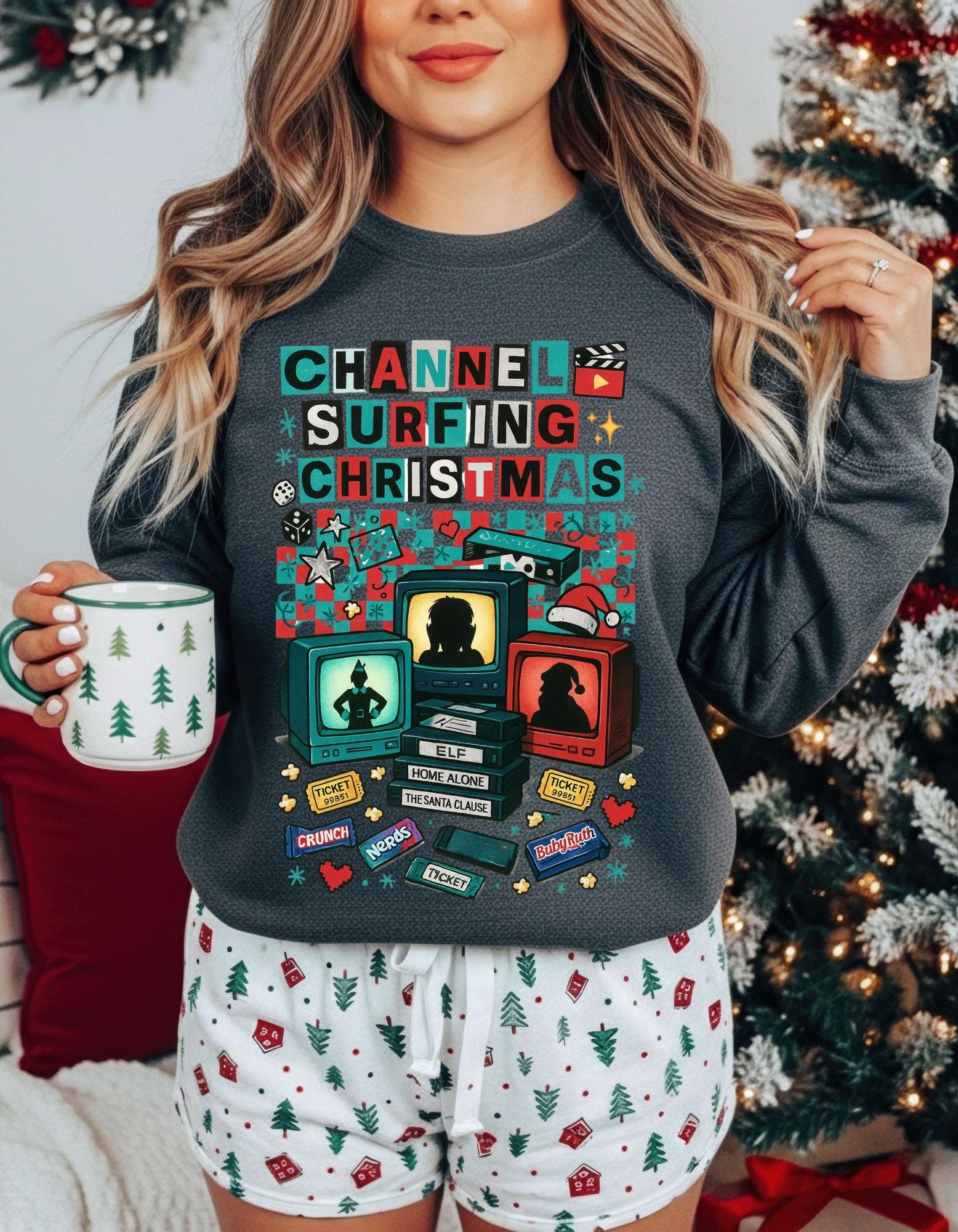 90s Channel Surfing Christmas Sweatshirt, Retro Holiday Crewneck