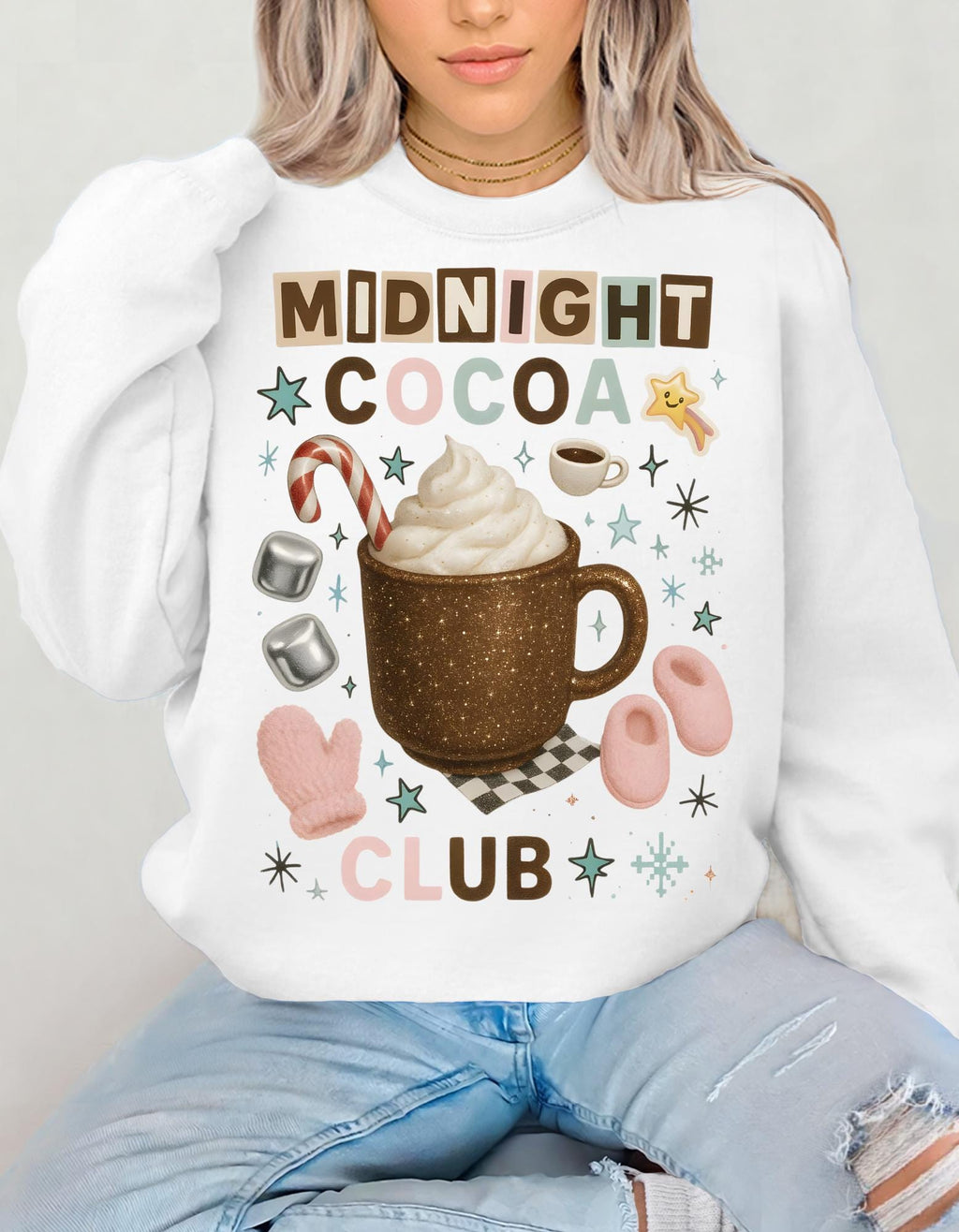 Midnight Cocoa Club Sweatshirt | Cozy Hot Chocolate Crewneck | Y2K Glitter Mug Holiday Christmas Sweater