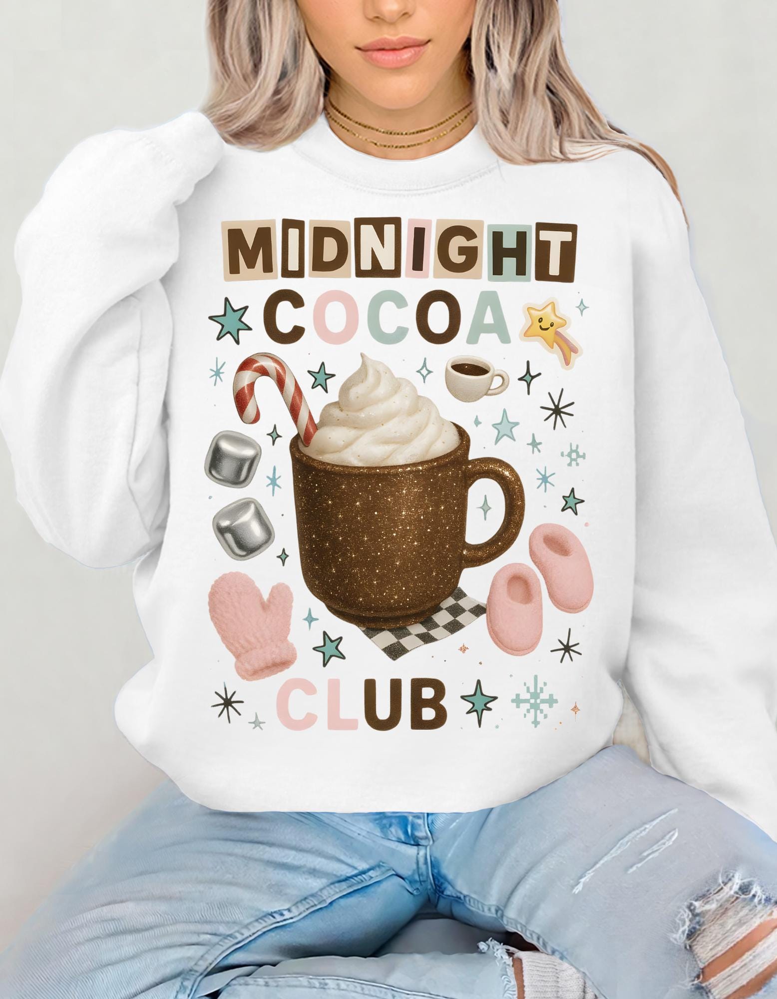 Midnight Cocoa Club Sweatshirt | Cozy Hot Chocolate Crewneck | Y2K Glitter Mug Holiday Christmas Sweater