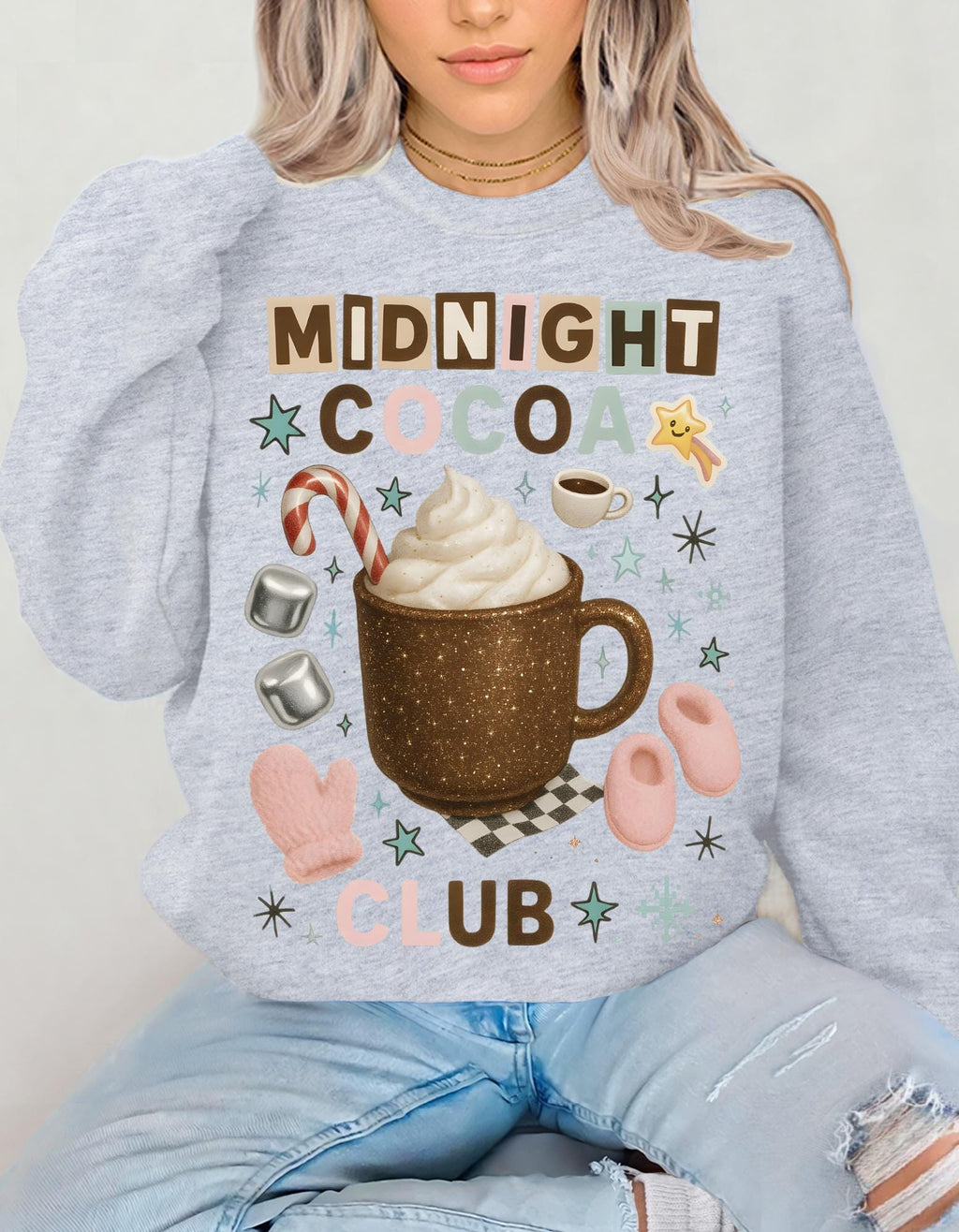 Midnight Cocoa Club Sweatshirt | Cozy Hot Chocolate Crewneck | Y2K Glitter Mug Holiday Christmas Sweater