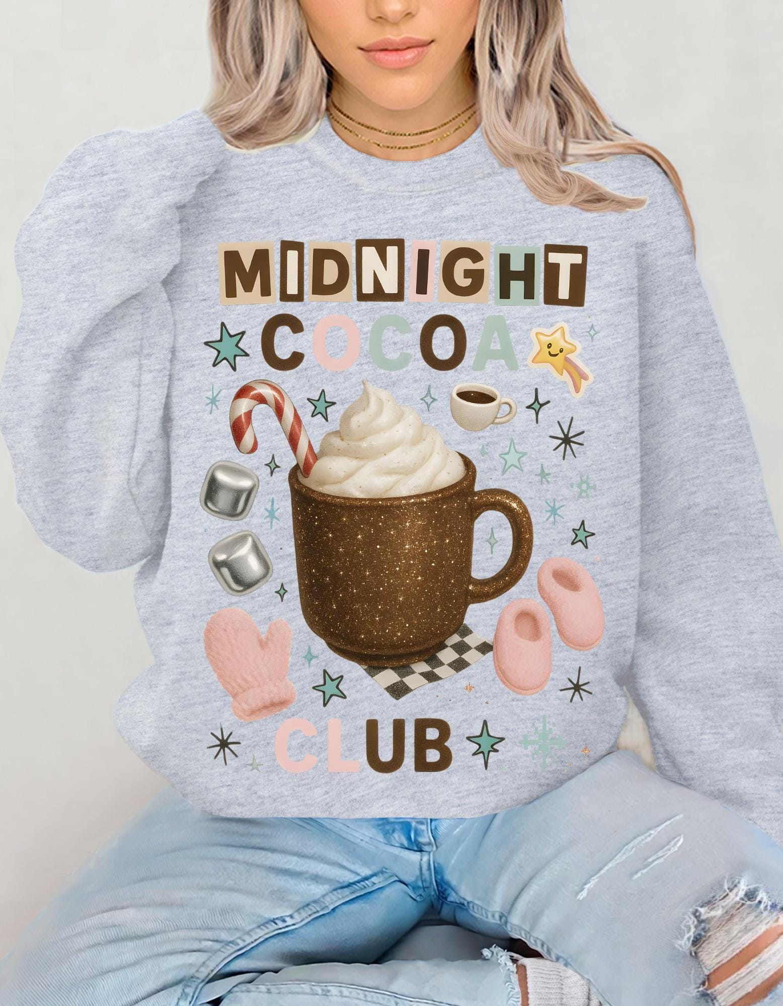 Midnight Cocoa Club Sweatshirt | Cozy Hot Chocolate Crewneck | Y2K Glitter Mug Holiday Christmas Sweater