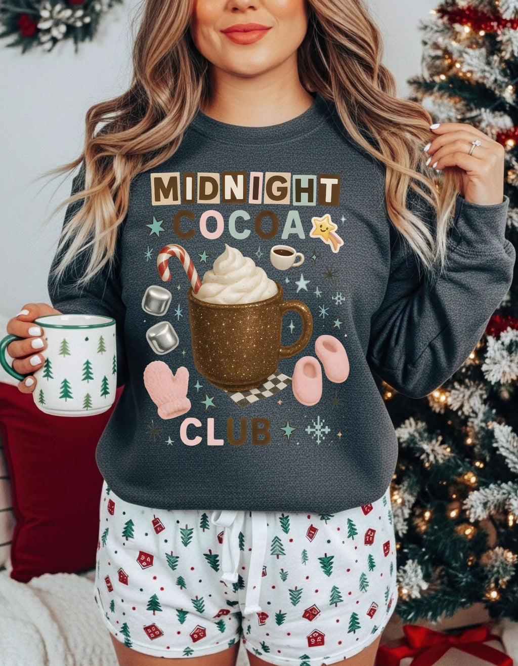 Midnight Cocoa Club Sweatshirt | Cozy Hot Chocolate Crewneck | Y2K Glitter Mug Holiday Christmas Sweater
