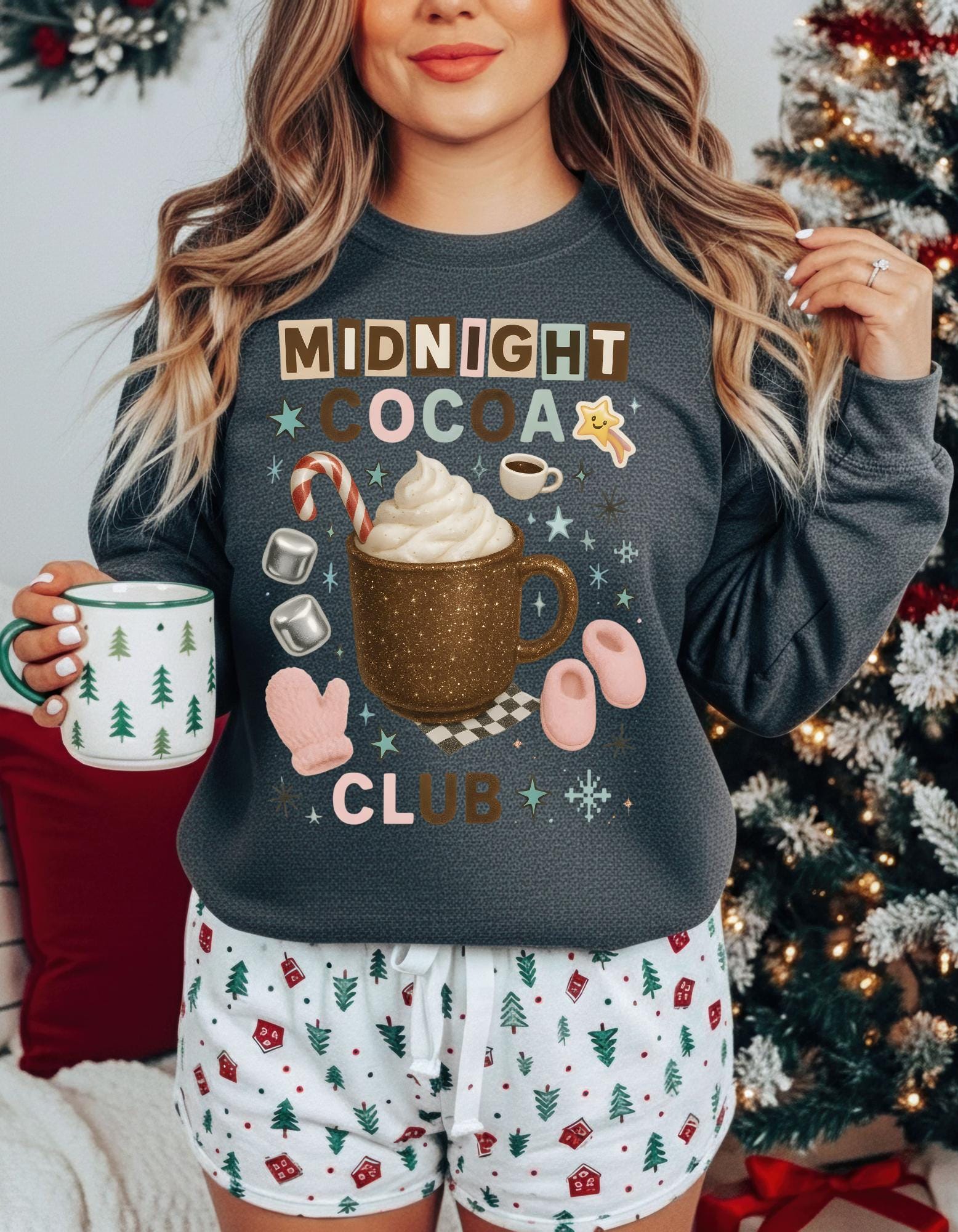 Midnight Cocoa Club Sweatshirt | Cozy Hot Chocolate Crewneck | Y2K Glitter Mug Holiday Christmas Sweater