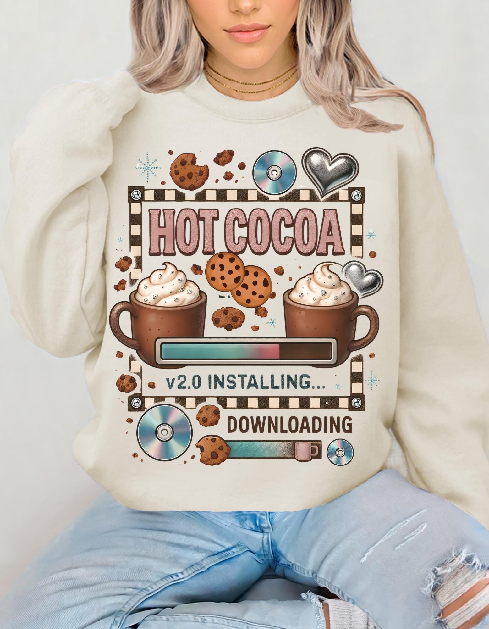 Cozy Hot Cocoa Crewneck Sweatshirt | Retro Y2K Christmas Sweater