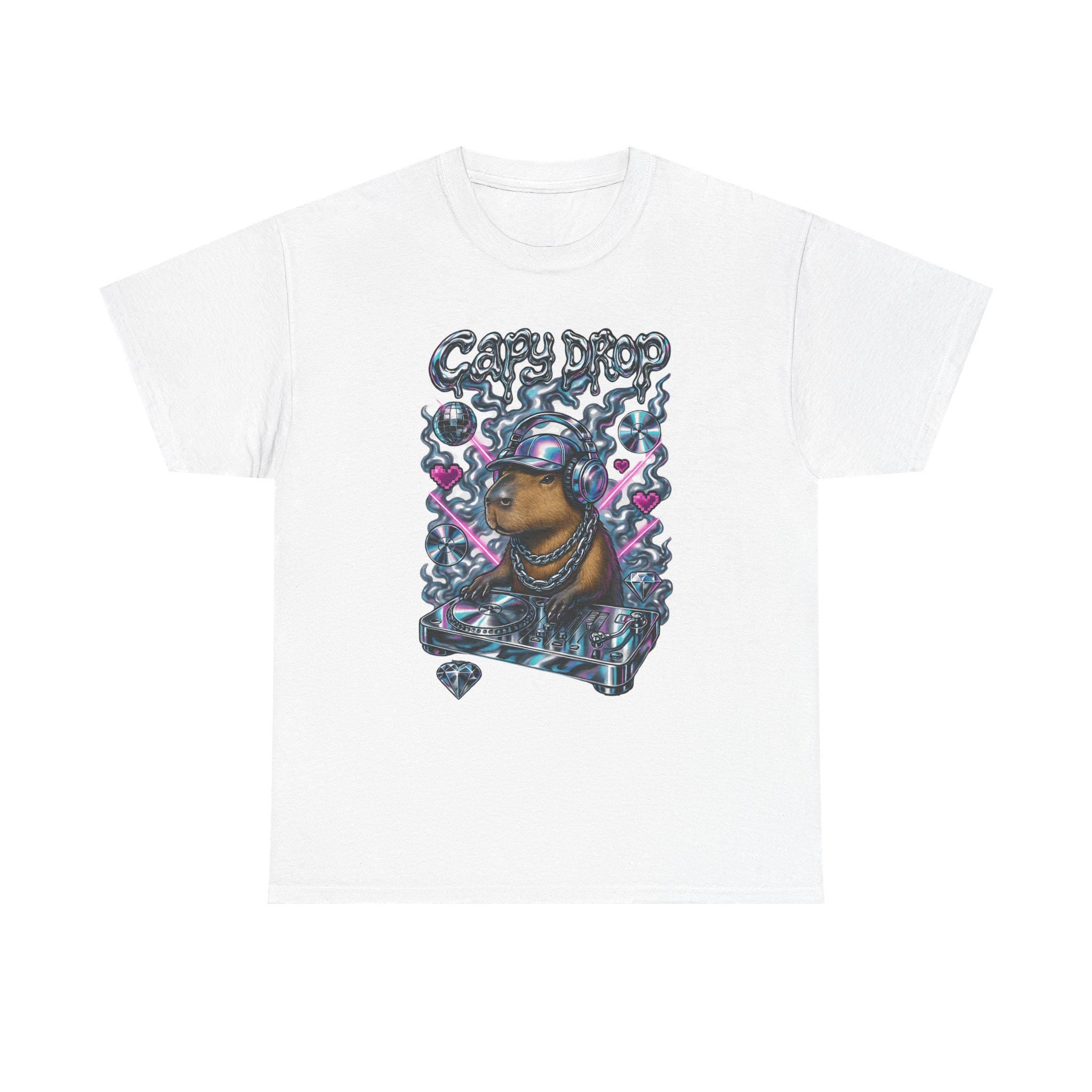 Y2K Capybara DJ Heavy Cotton Tee - Retro Graphic T-Shirt