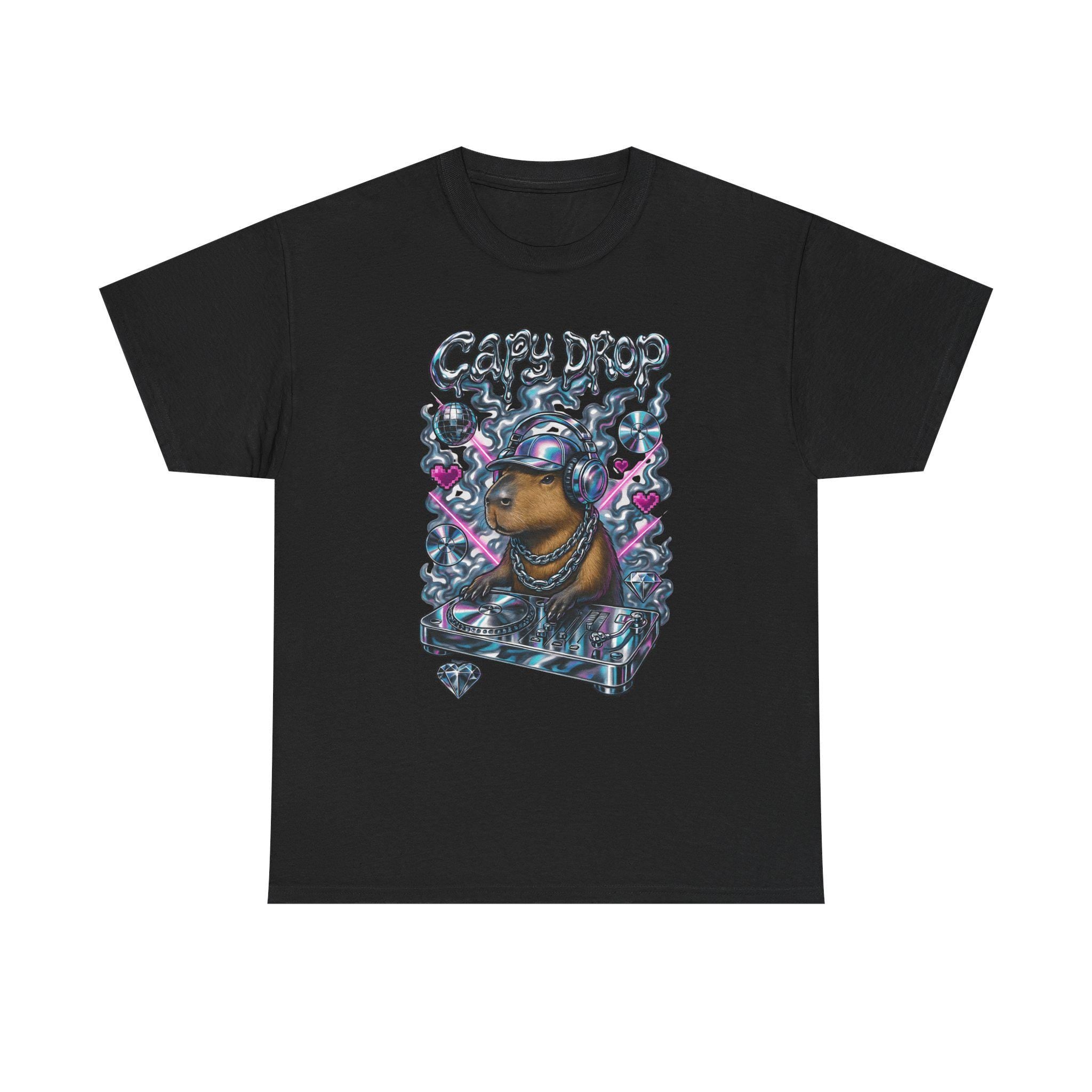 Y2K Capybara DJ Heavy Cotton Tee - Retro Graphic T-Shirt