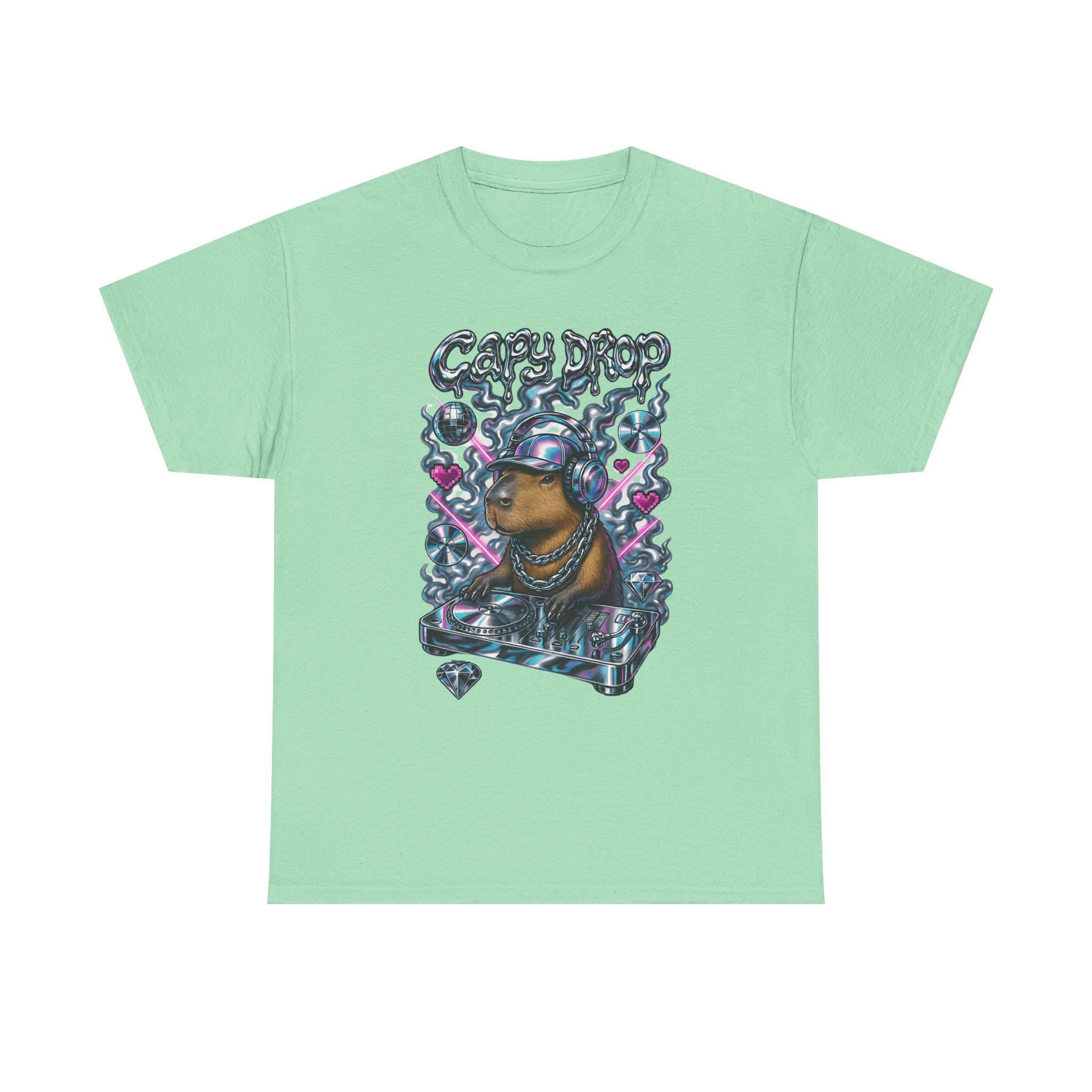Y2K Capybara DJ Heavy Cotton Tee - Retro Graphic T-Shirt