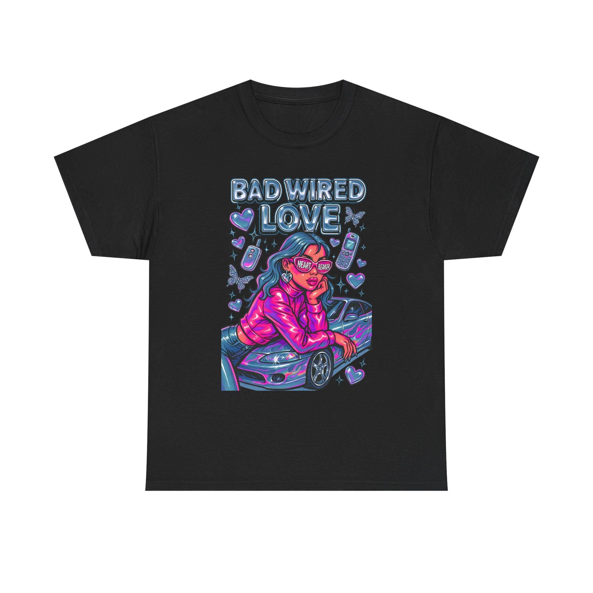 Y2K Chrome Graphic Tee: Bad Wired Heartbreaker, Race Car Chick Shirt
