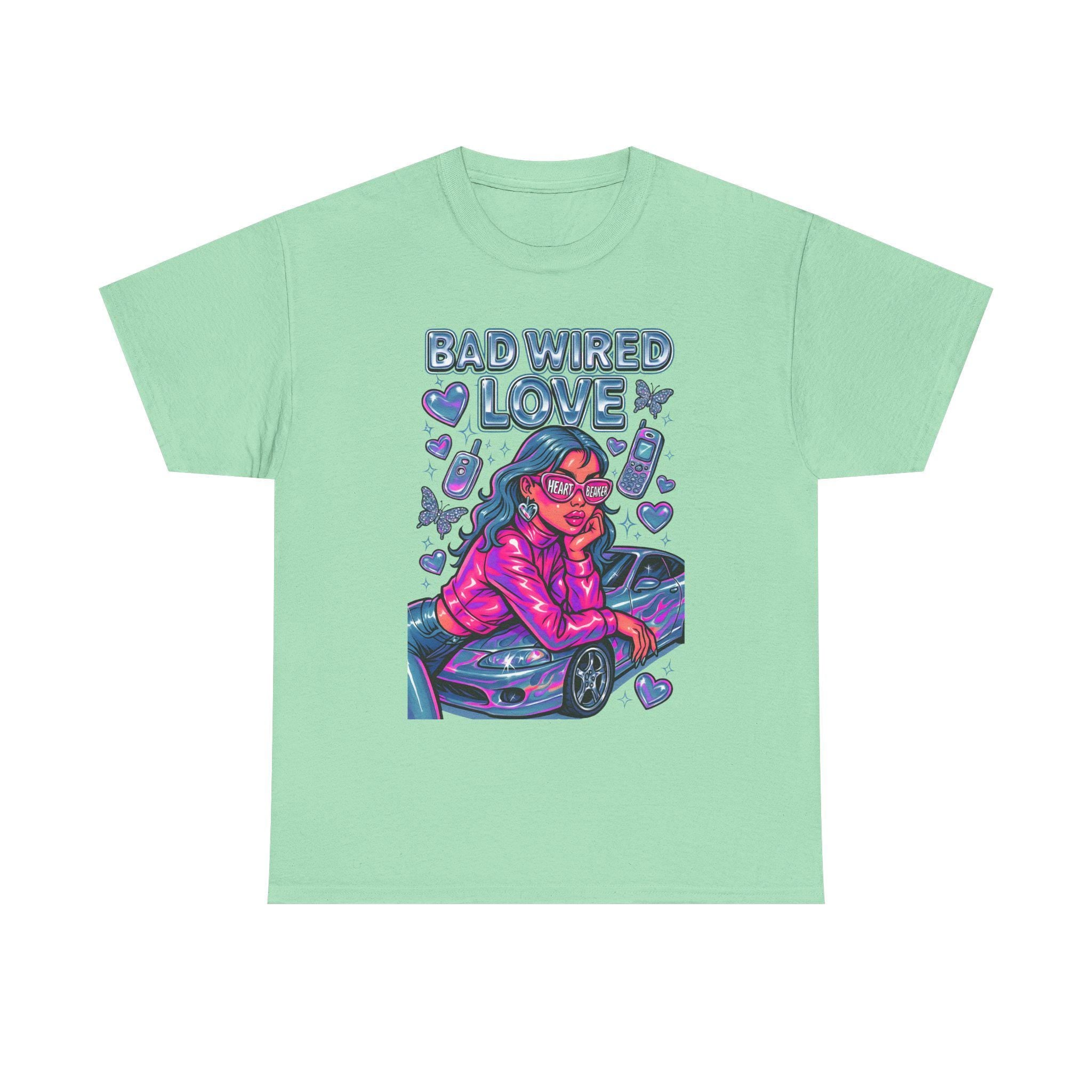 Y2K Chrome Graphic Tee: Bad Wired Heartbreaker, Race Car Chick Shirt
