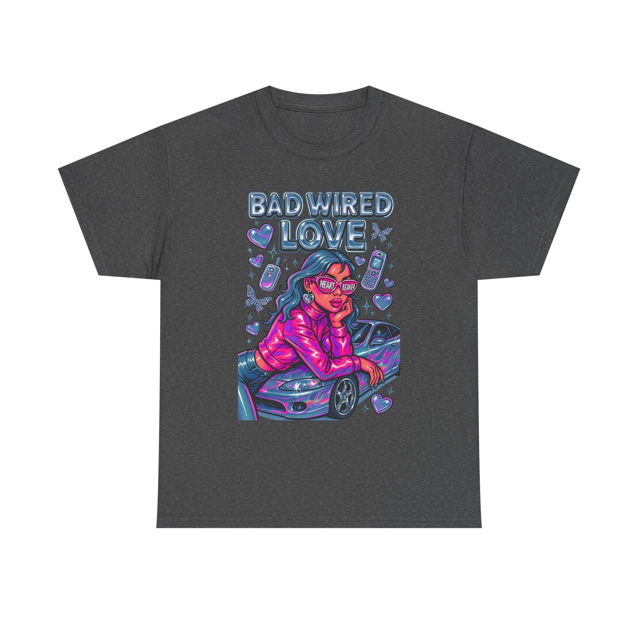 Y2K Chrome Graphic Tee: Bad Wired Heartbreaker, Race Car Chick Shirt