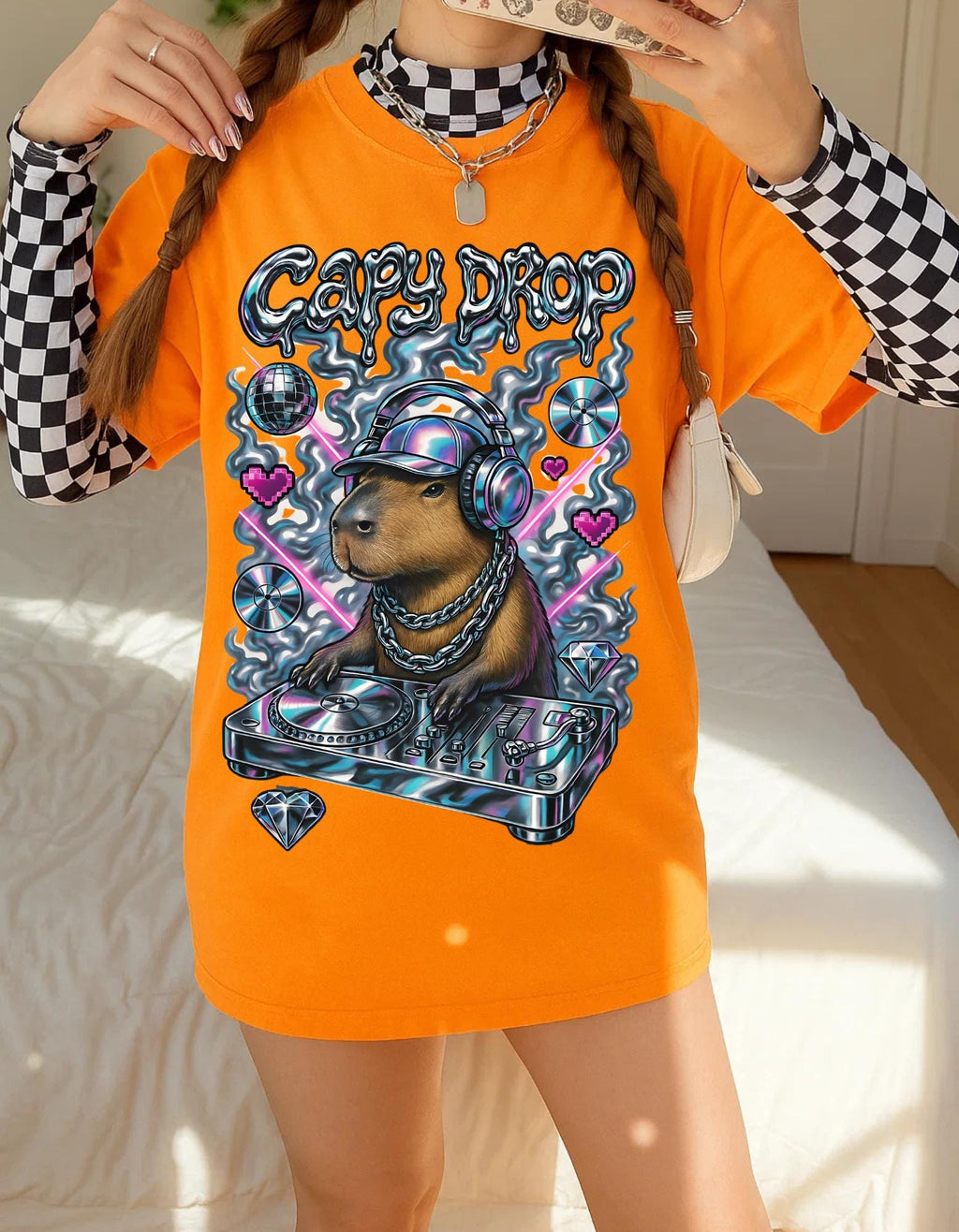 Y2K Capybara DJ Heavy Cotton Tee - Retro Graphic T-Shirt