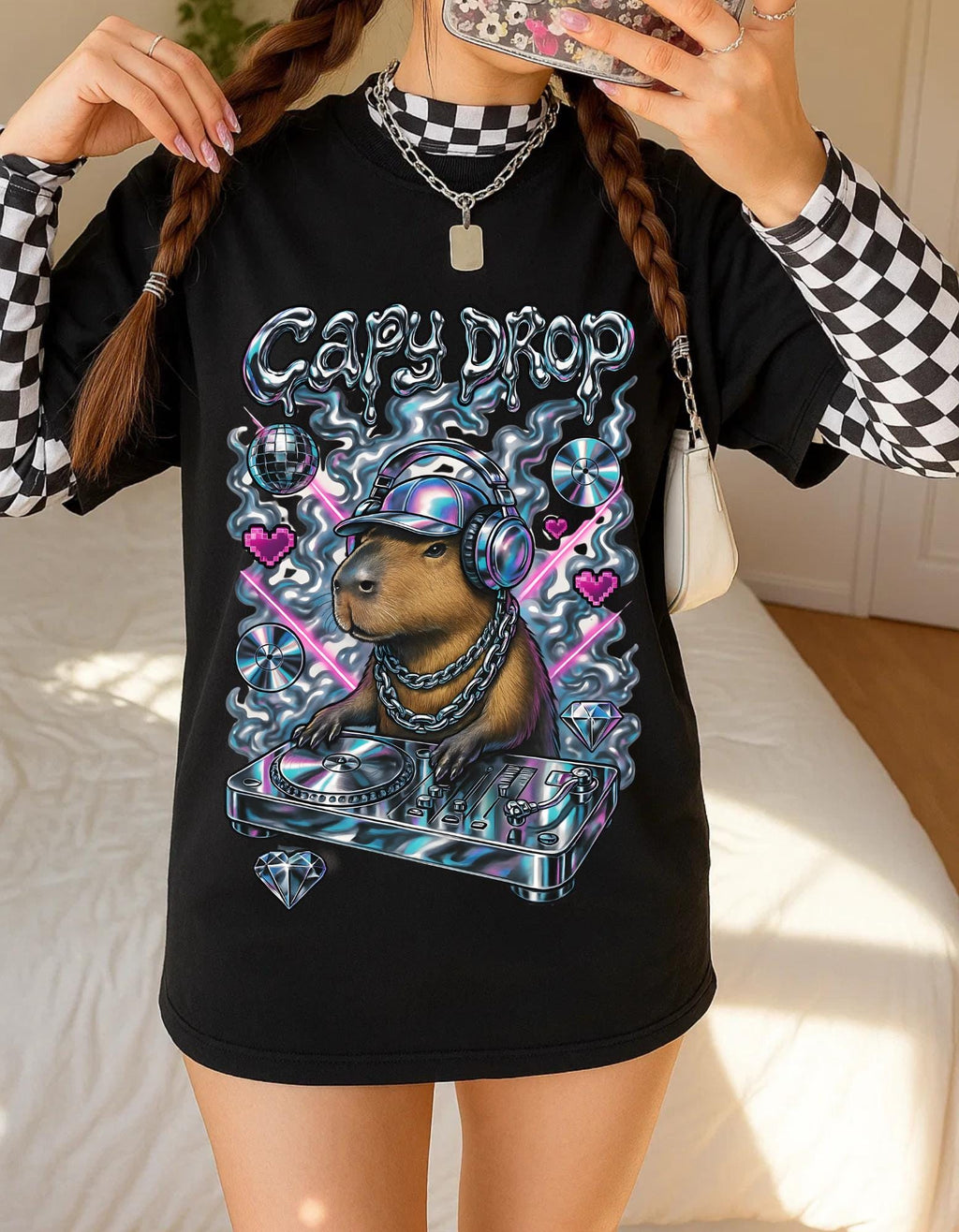 Y2K Capybara DJ Heavy Cotton Tee - Retro Graphic T-Shirt