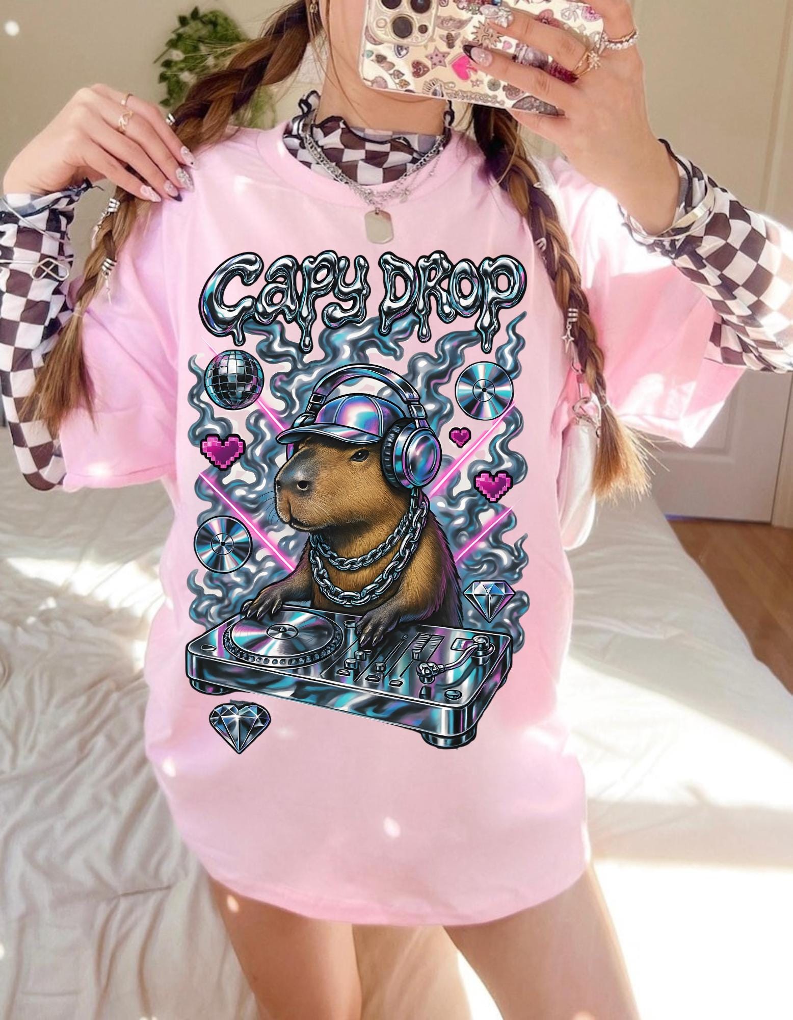 Y2K Capybara DJ Heavy Cotton Tee - Retro Graphic T-Shirt