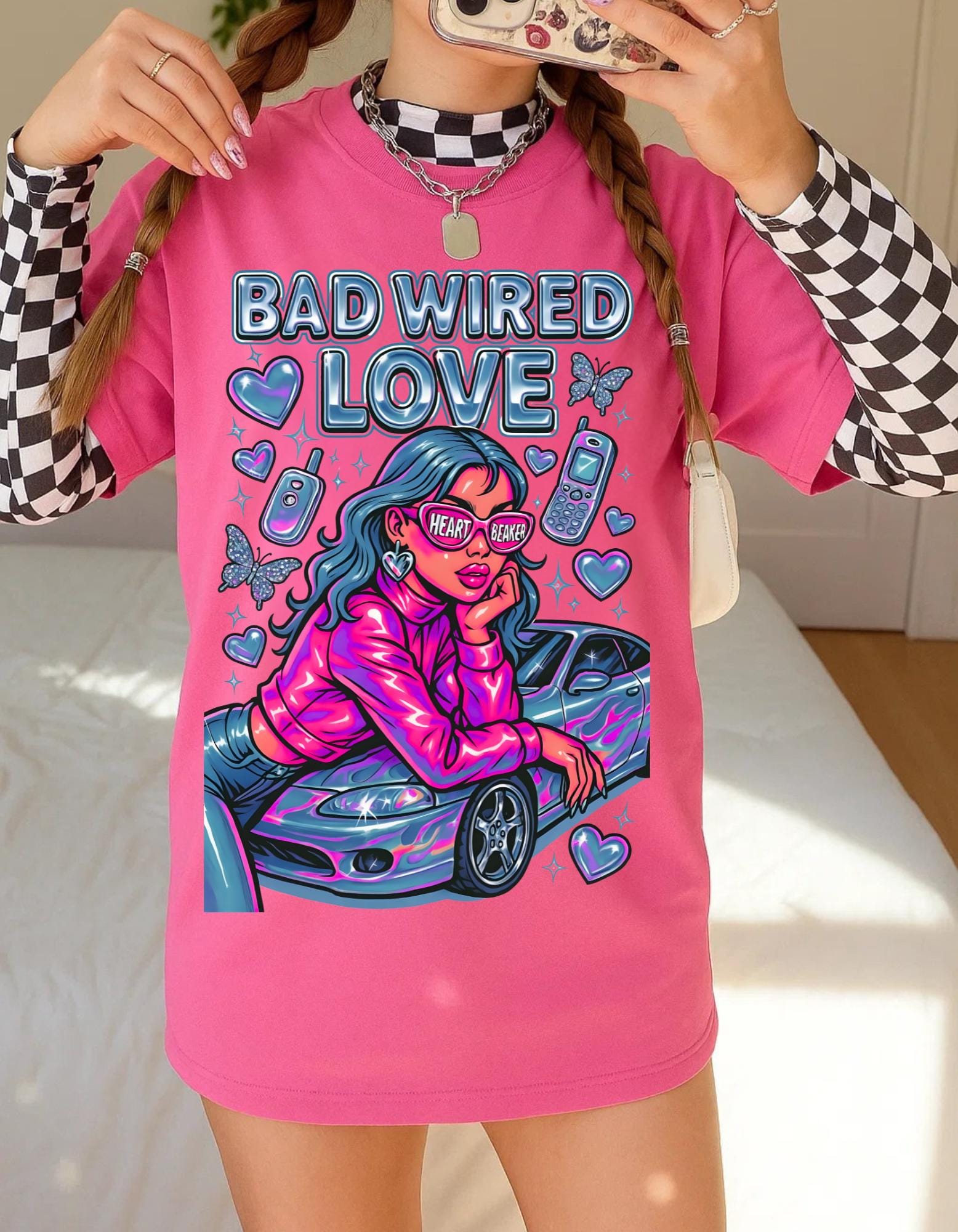 Y2K Chrome Graphic Tee: Bad Wired Heartbreaker, Race Car Chick Shirt