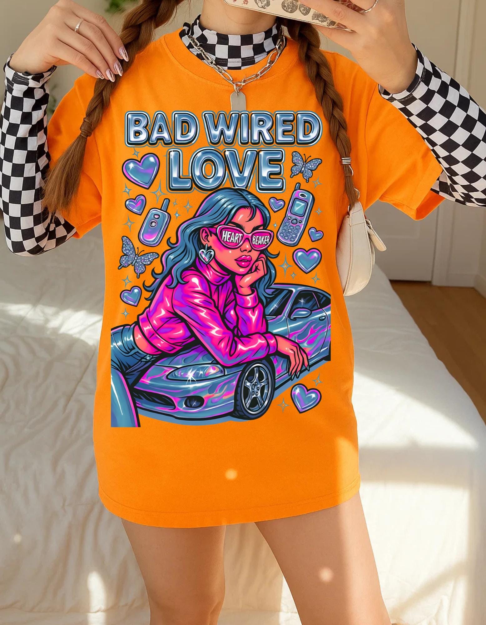 Y2K Chrome Graphic Tee: Bad Wired Heartbreaker, Race Car Chick Shirt