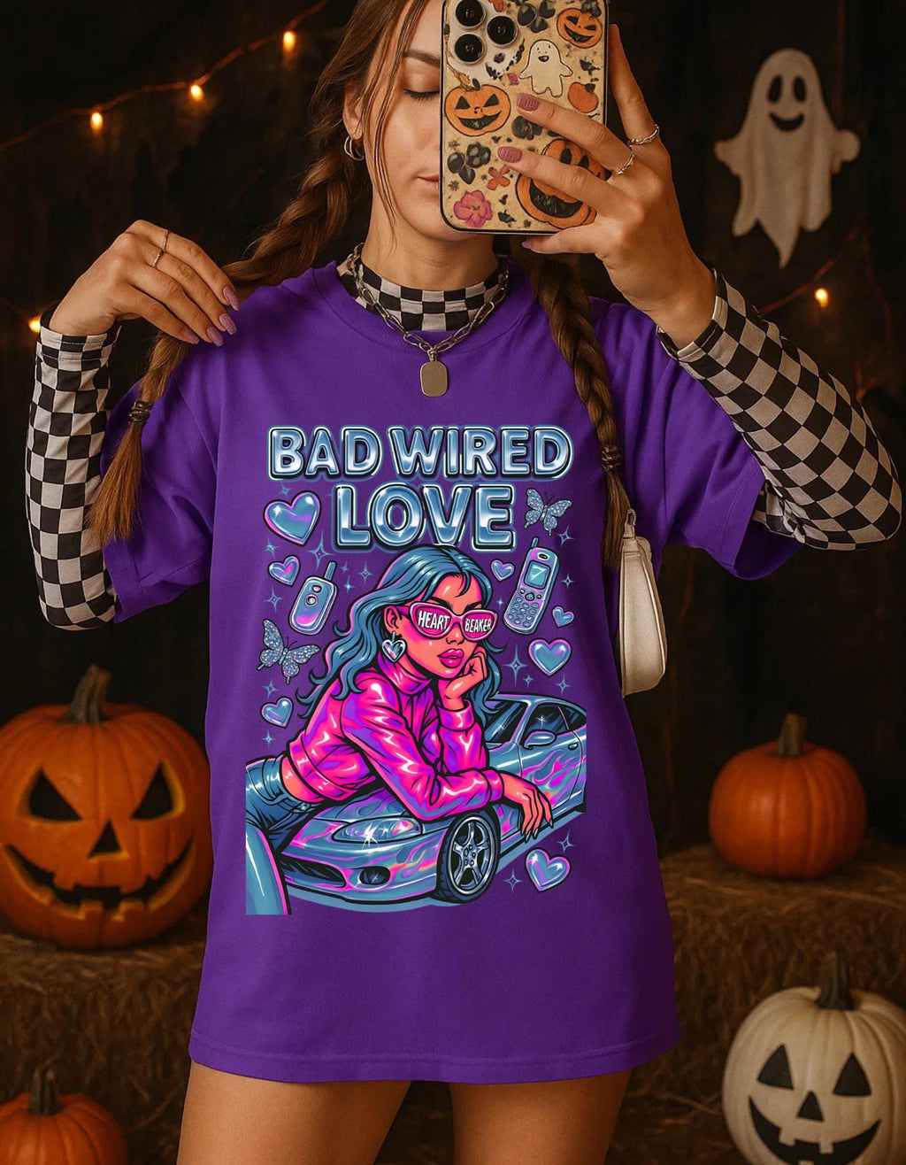 Y2K Chrome Graphic Tee: Bad Wired Heartbreaker, Race Car Chick Shirt