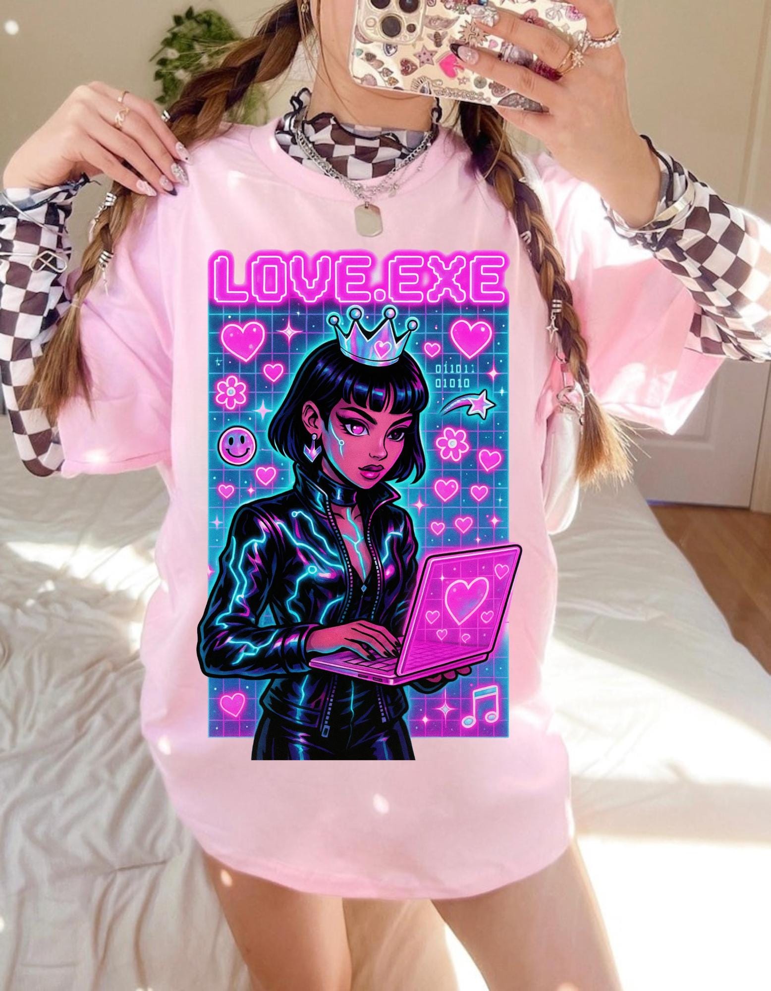 Y2K Cyber Love Exe Graphic Tee - Hacker Girl Retro T-Shirt