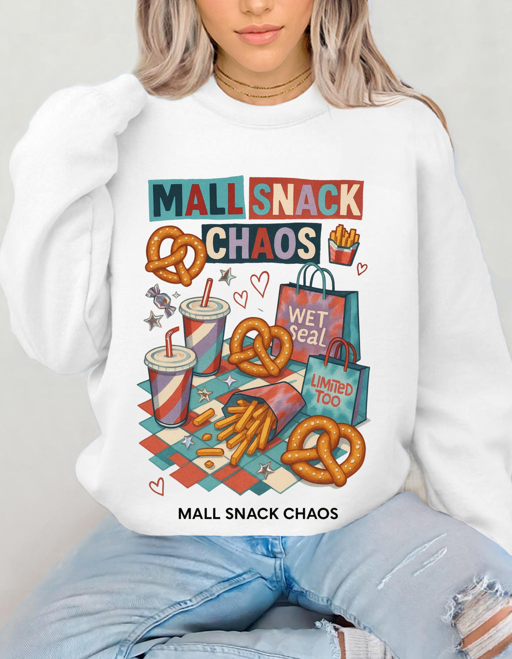 Y2K Mall Snack Chaos Sweatshirt - 2000s Food Court Pretzel Fries Nostalgic Crewneck Graphic Tee