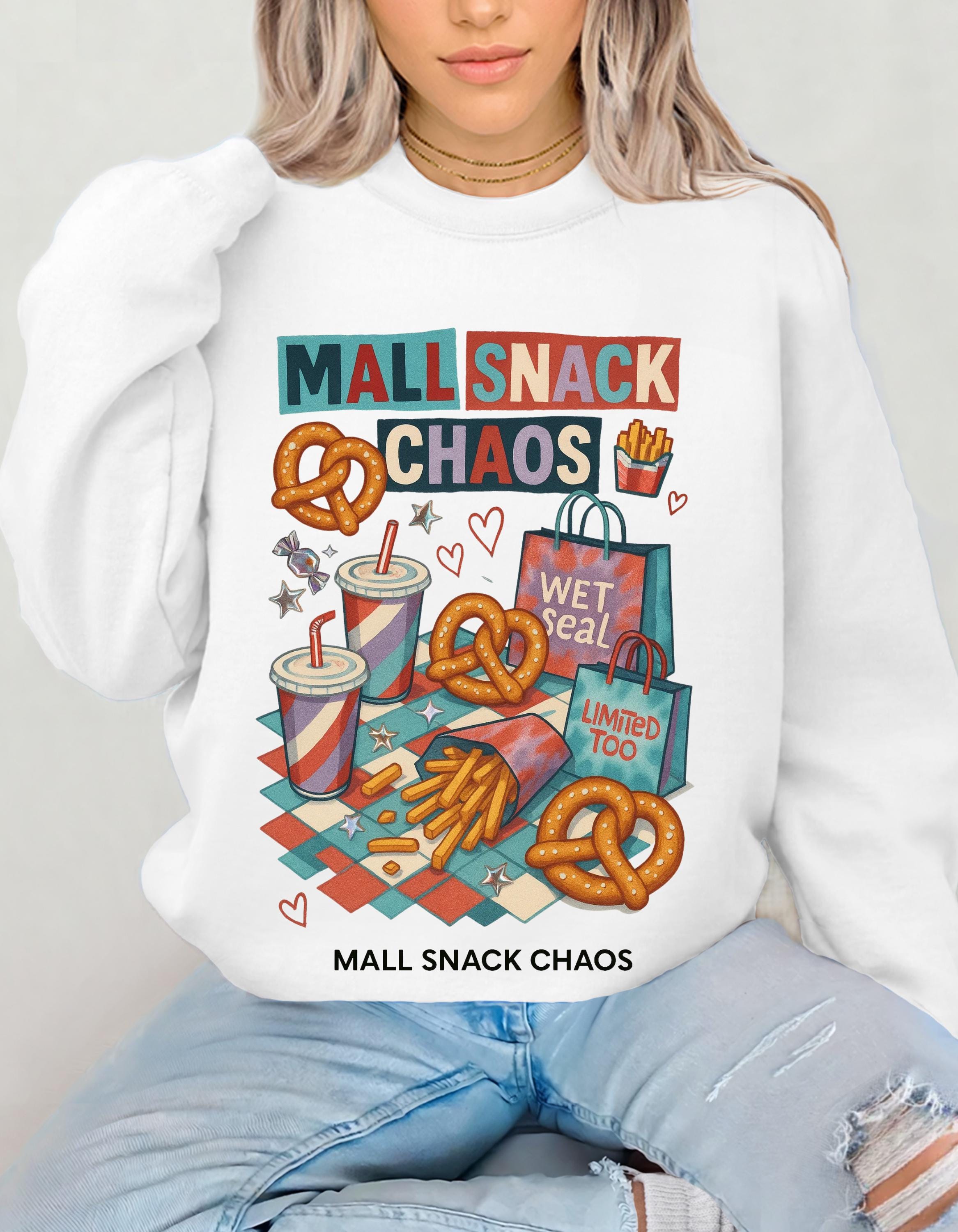 Y2K Mall Snack Chaos Sweatshirt - 2000s Food Court Pretzel Fries Nostalgic Crewneck Graphic Tee