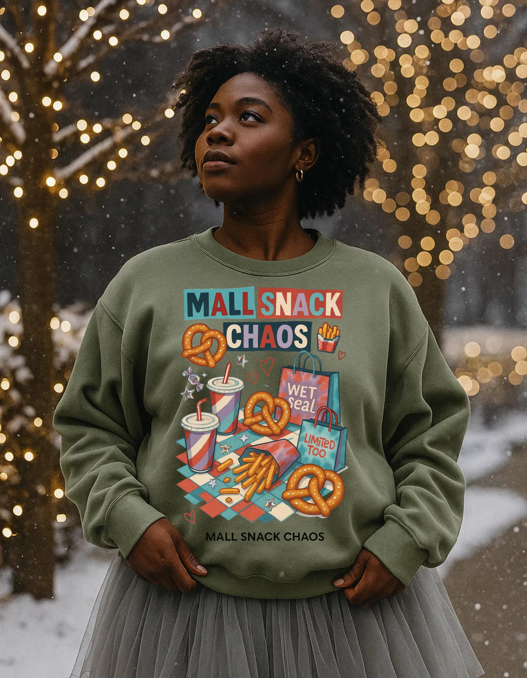 Y2K Mall Snack Chaos Sweatshirt - 2000s Food Court Pretzel Fries Nostalgic Crewneck Graphic Tee