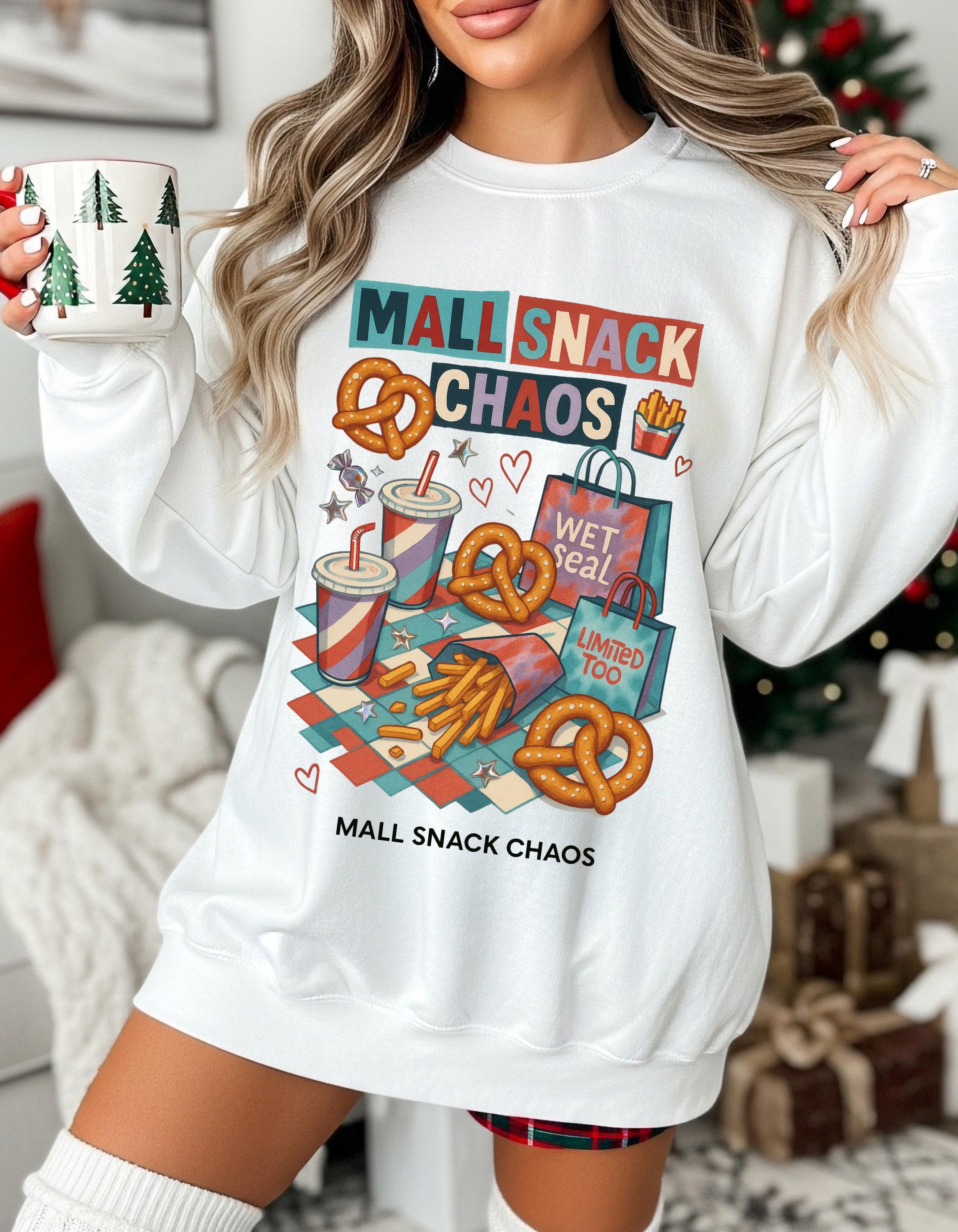Y2K Mall Snack Chaos Sweatshirt - 2000s Food Court Pretzel Fries Nostalgic Crewneck Graphic Tee