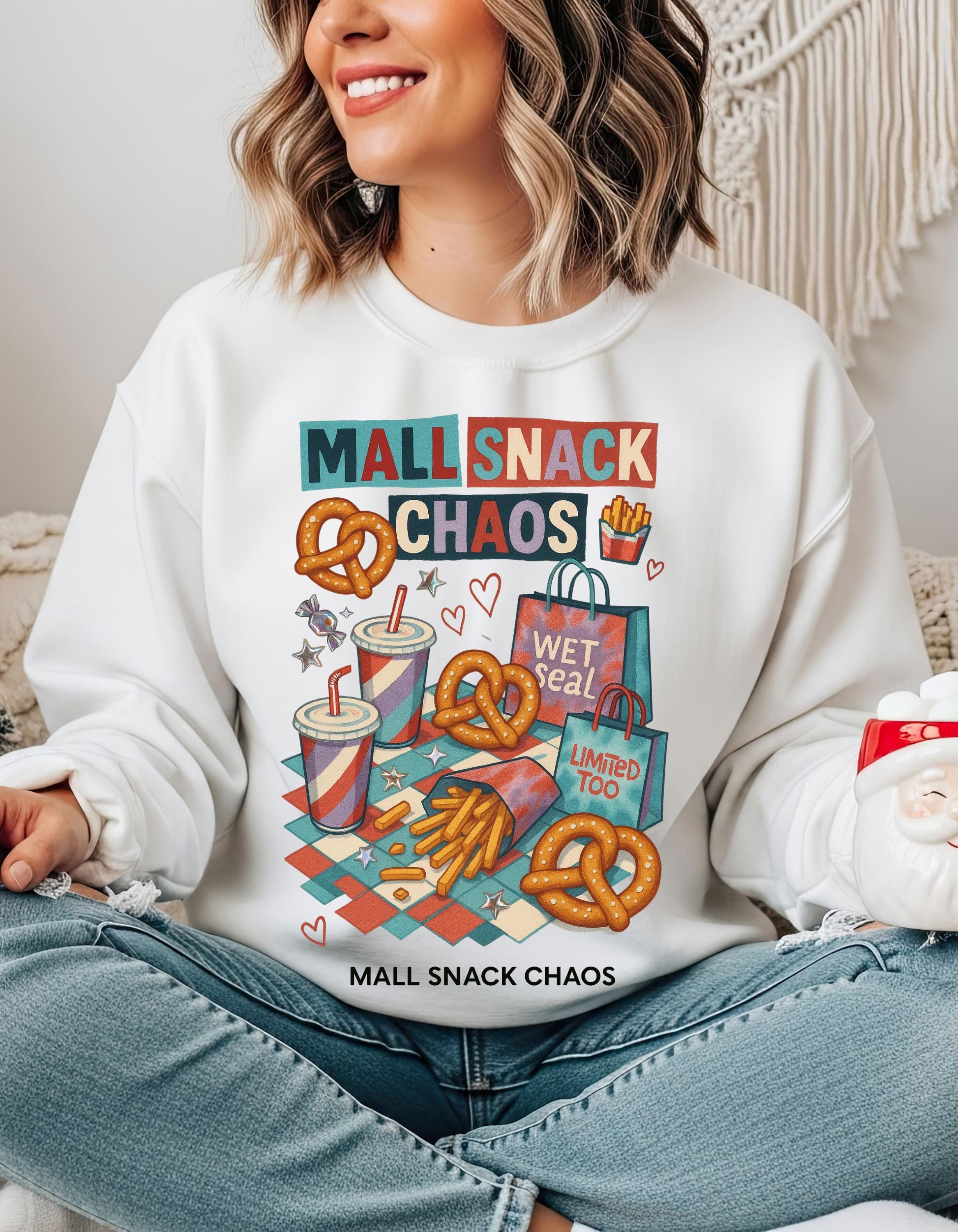 Y2K Mall Snack Chaos Sweatshirt - 2000s Food Court Pretzel Fries Nostalgic Crewneck Graphic Tee