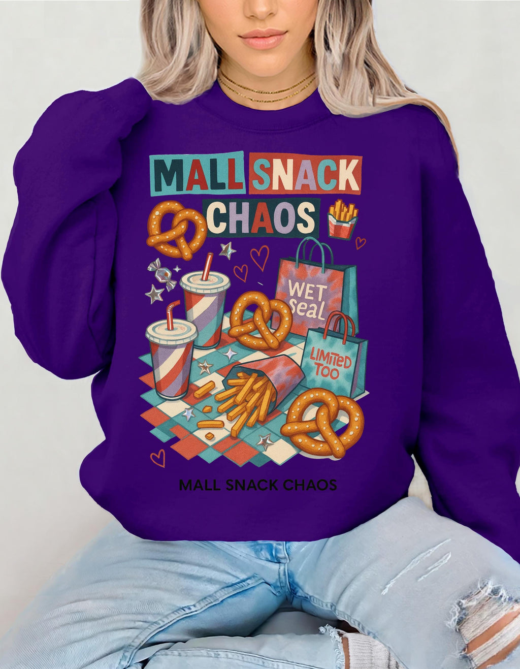 Y2K Mall Snack Chaos Sweatshirt - 2000s Food Court Pretzel Fries Nostalgic Crewneck Graphic Tee