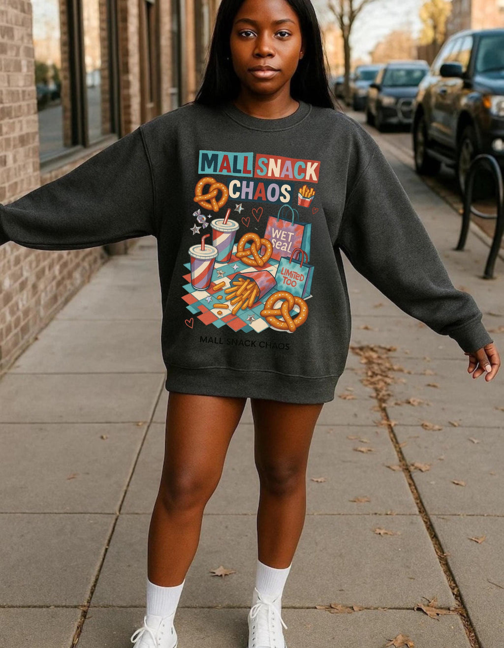 Y2K Mall Snack Chaos Sweatshirt - 2000s Food Court Pretzel Fries Nostalgic Crewneck Graphic Tee