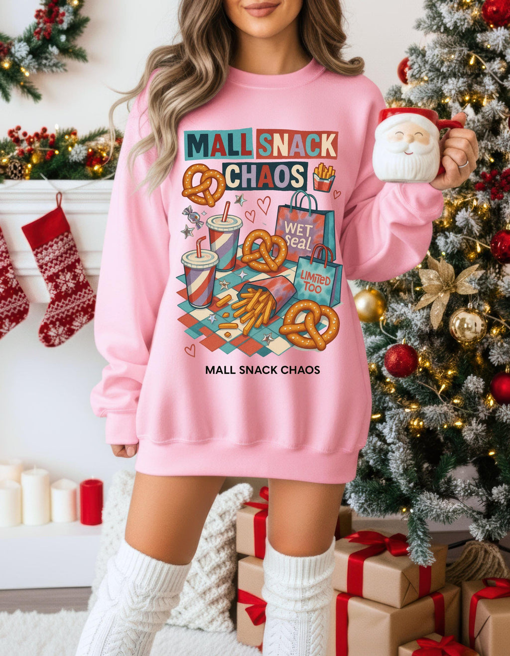 Y2K Mall Snack Chaos Sweatshirt - 2000s Food Court Pretzel Fries Nostalgic Crewneck Graphic Tee