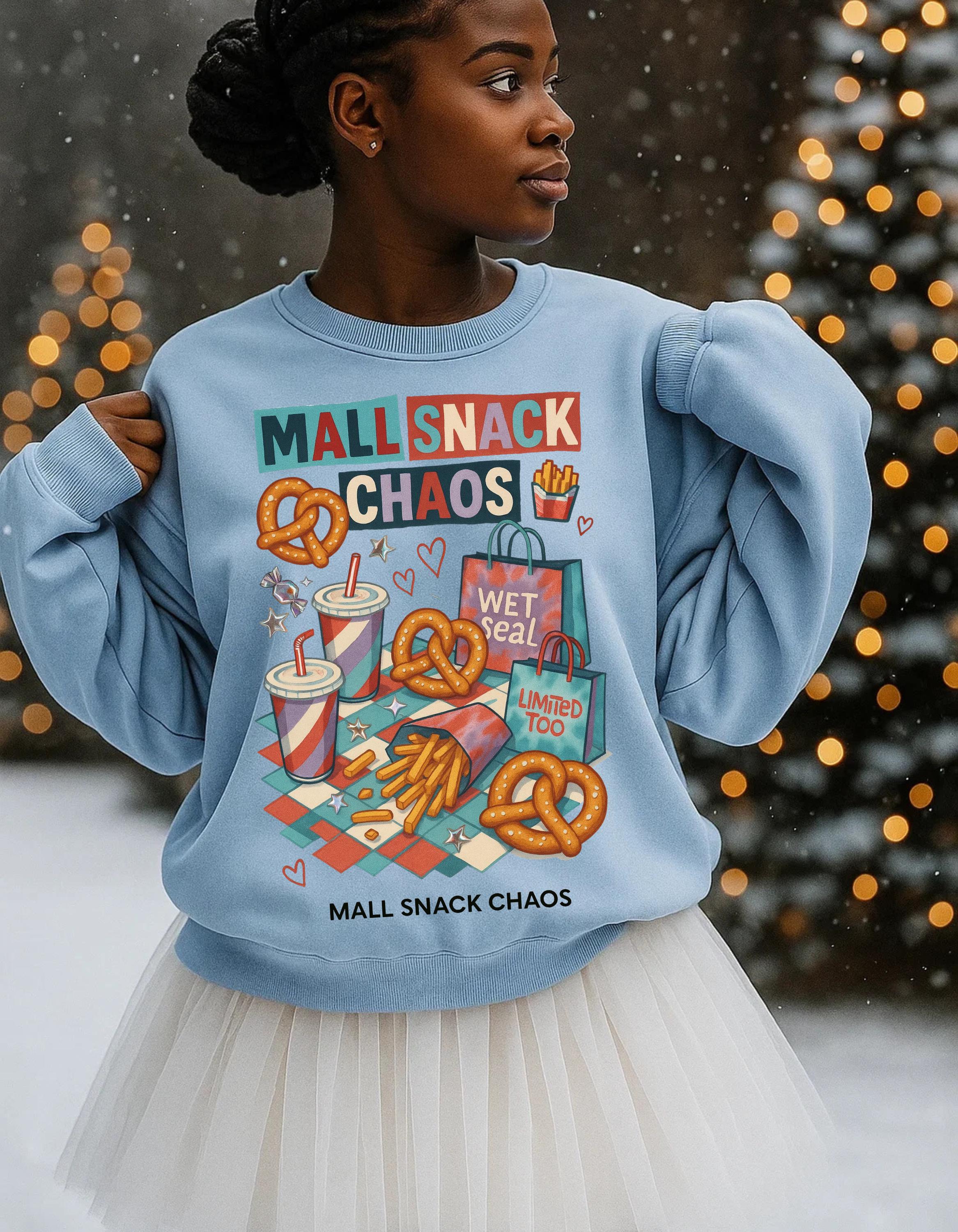 Y2K Mall Snack Chaos Sweatshirt - 2000s Food Court Pretzel Fries Nostalgic Crewneck Graphic Tee