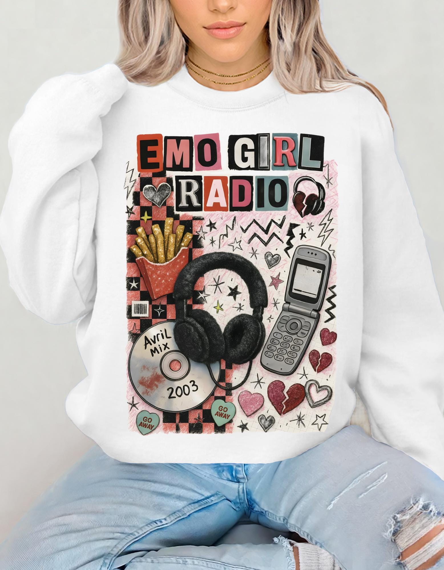 Emo Girl Radio collage Crewneck Sweatshirt | headphones, CD, retro phone