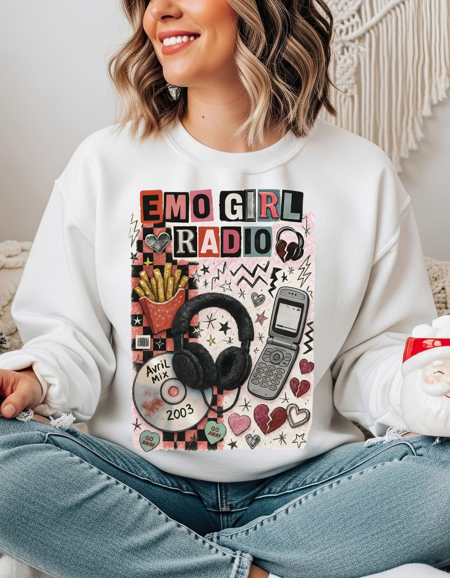 Emo Girl Radio collage Crewneck Sweatshirt | headphones, CD, retro phone