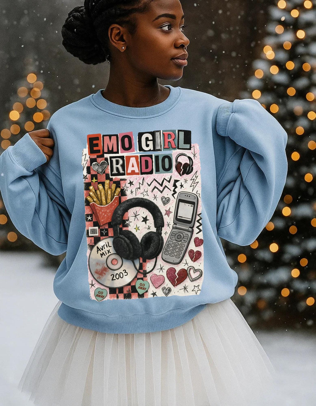 Emo Girl Radio collage Crewneck Sweatshirt | headphones, CD, retro phone