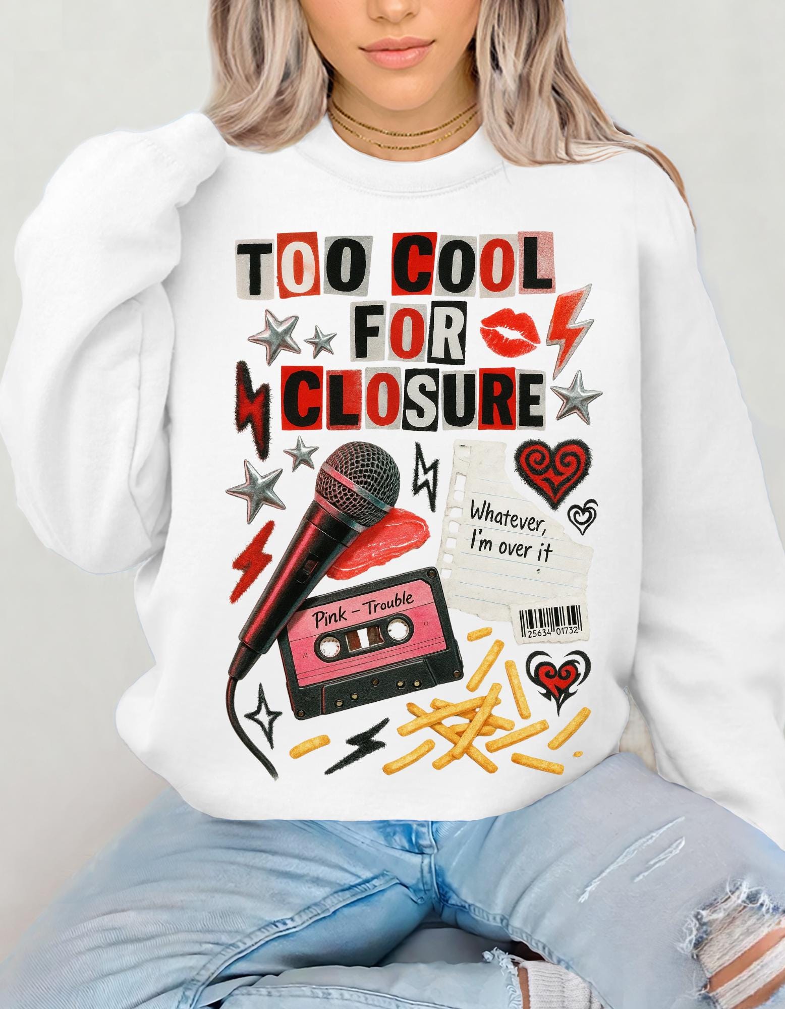 Too Cool For Closure Graphic Cassette Sweatshirt | Retro Punk Lightning Hearts Vintage Music Pullover