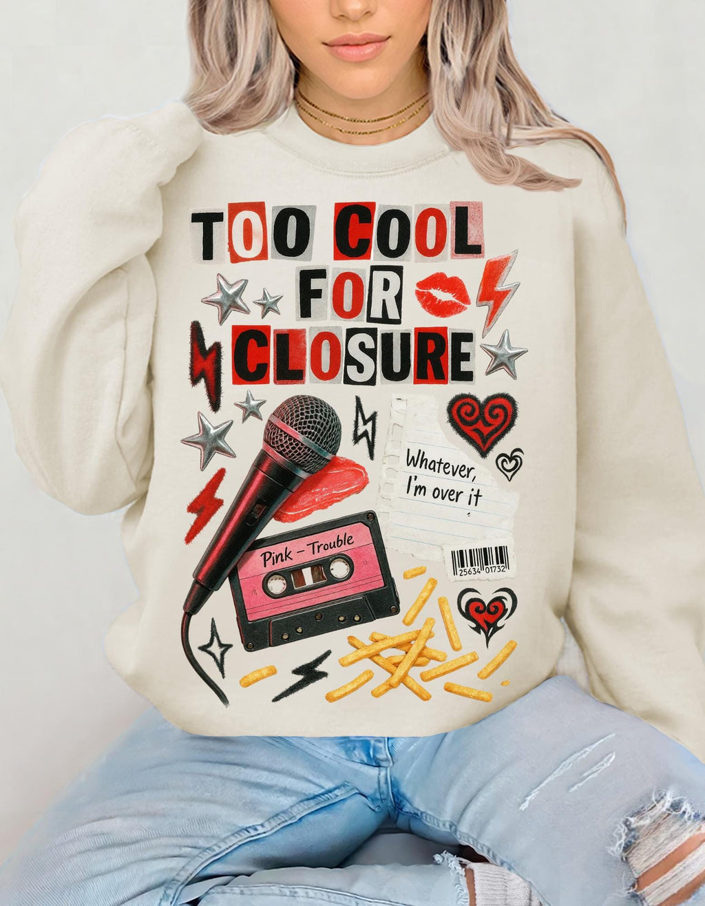 Too Cool For Closure Graphic Cassette Sweatshirt | Retro Punk Lightning Hearts Vintage Music Pullover