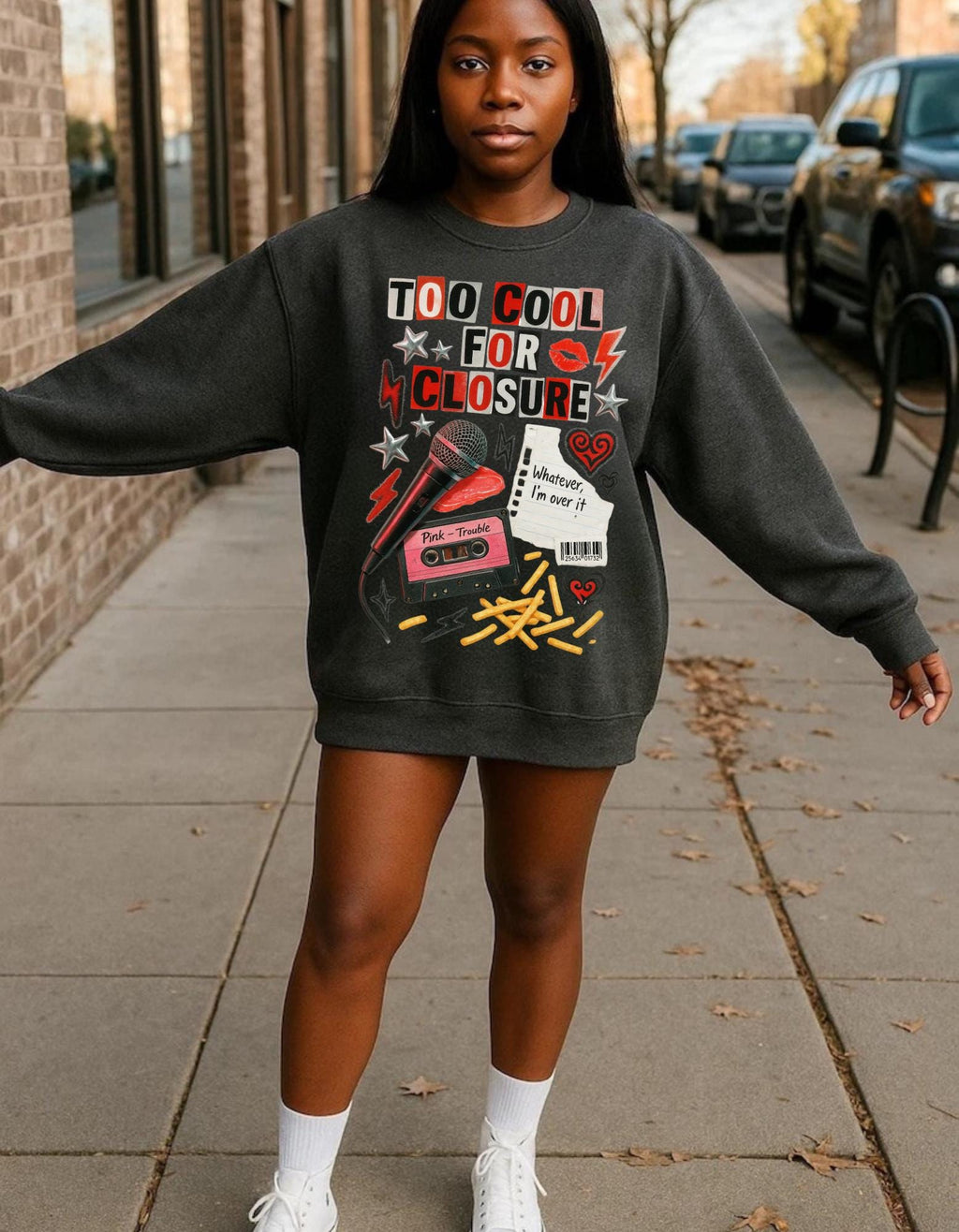 Too Cool For Closure Graphic Cassette Sweatshirt | Retro Punk Lightning Hearts Vintage Music Pullover