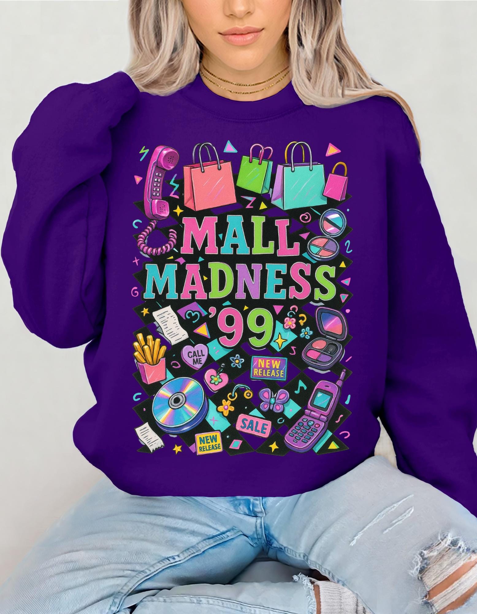 Mall Madness 99 Graphic Sweatshirt | Shopping Retro Arcade Design Unisex Crewneck