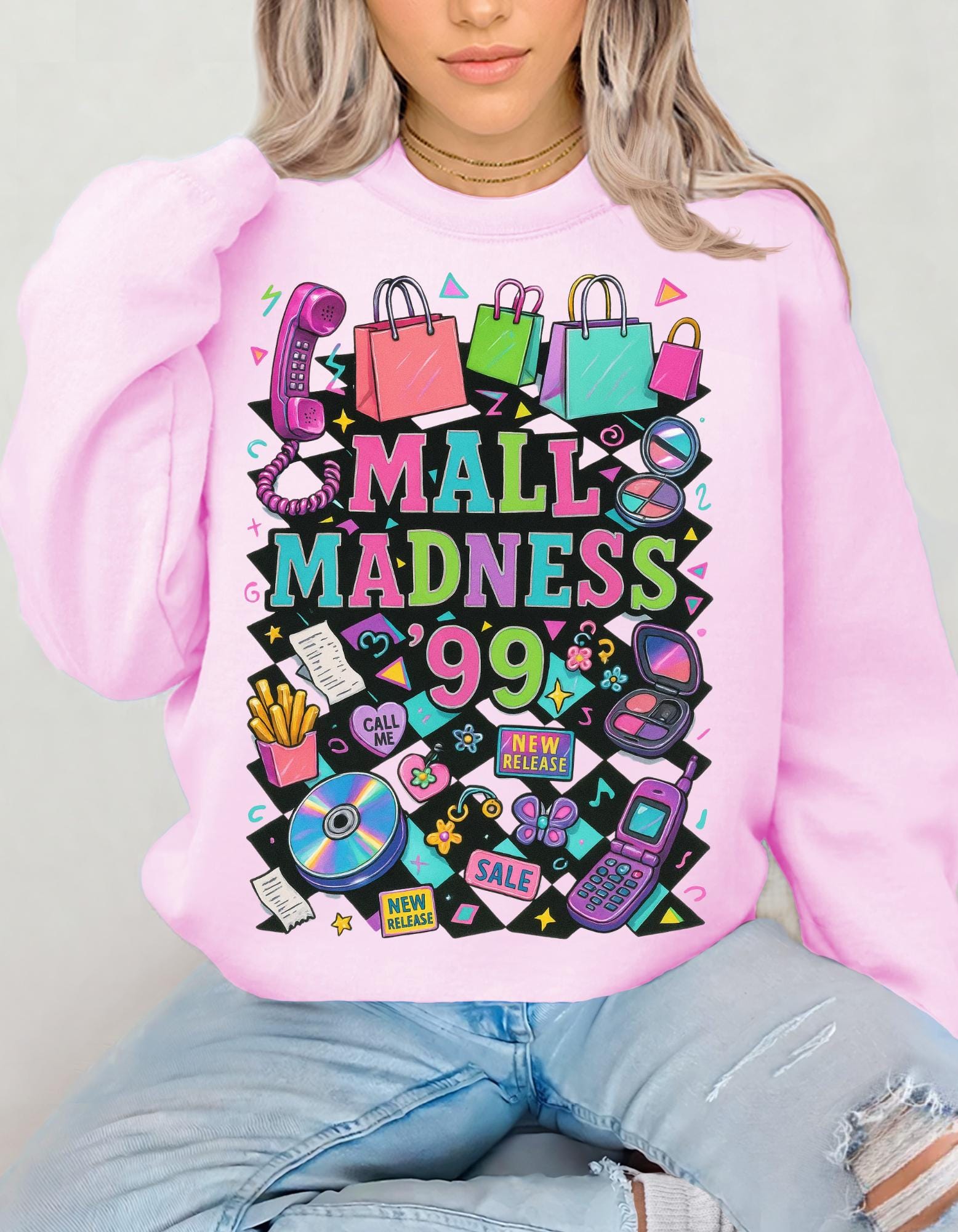 Mall Madness 99 Graphic Sweatshirt | Shopping Retro Arcade Design Unisex Crewneck