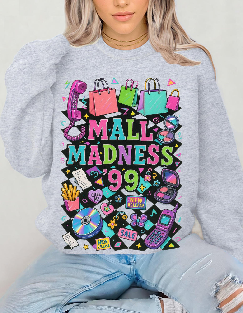 Mall Madness 99 Graphic Sweatshirt | Shopping Retro Arcade Design Unisex Crewneck